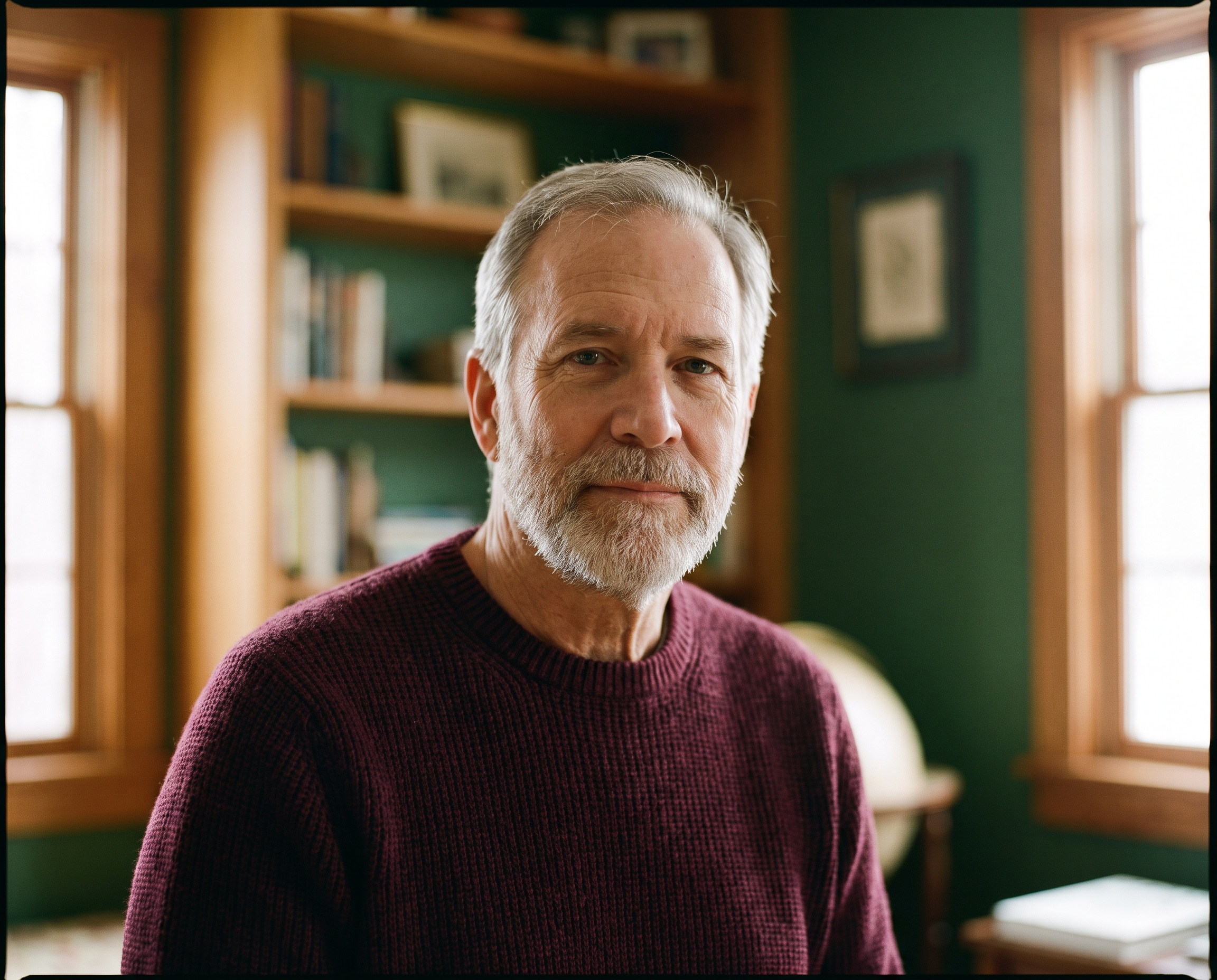 Silver-bearded man in his 60s in a burgundy sweater looking confidently at camera in a forest-green home study