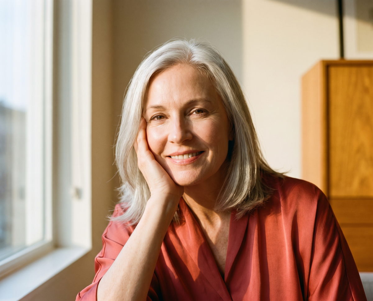 Smiling silver-haired woman in red blouse by window