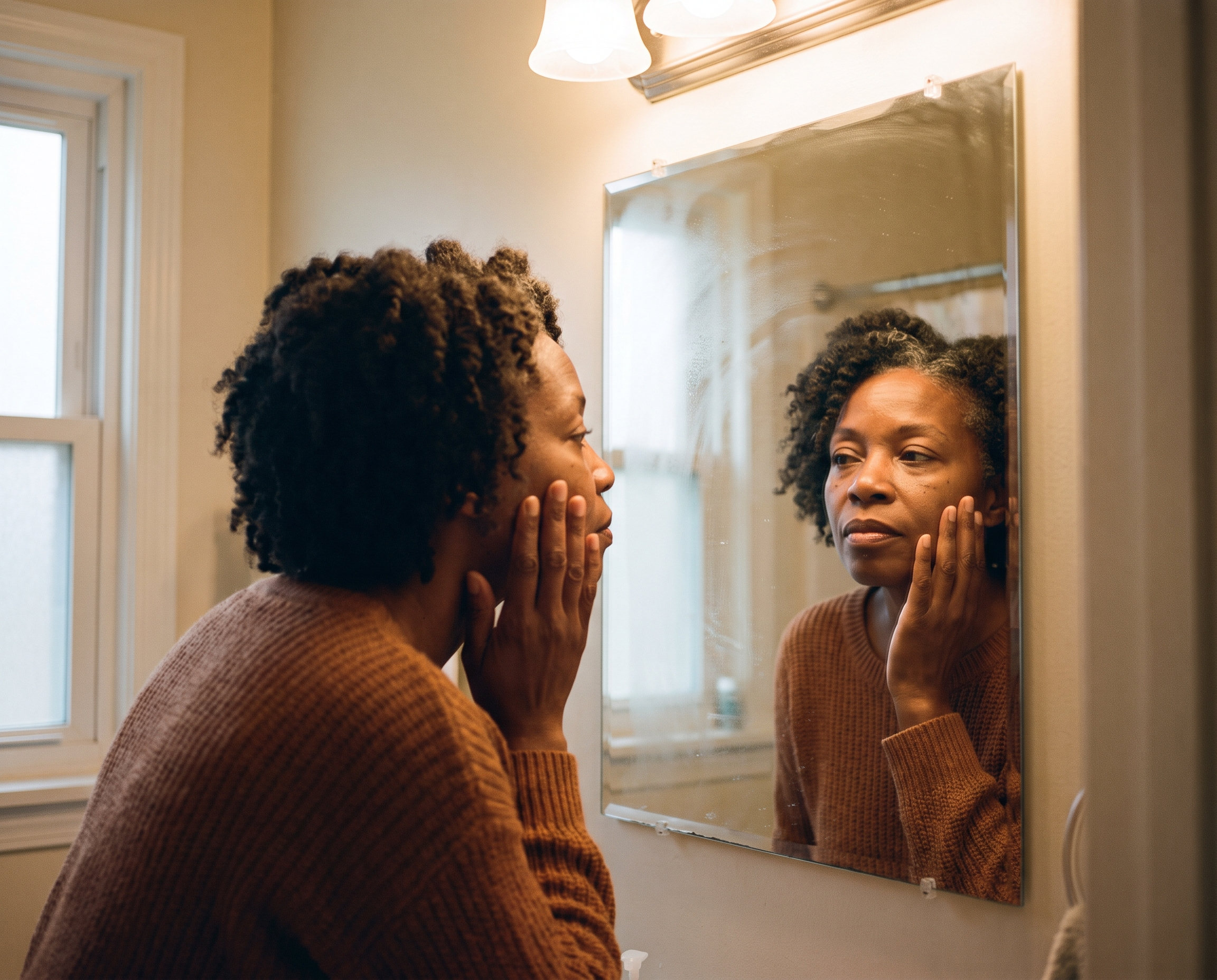 Black woman in her early 50s examining her skin in a bathroom mirror with a thoughtful expression