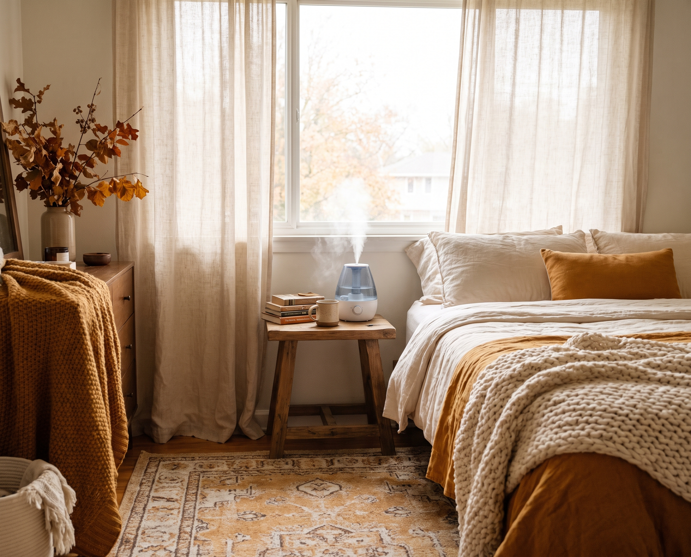 Cozy autumn bedroom with a small humidifier on the nightstand and soft morning light through sheer curtains