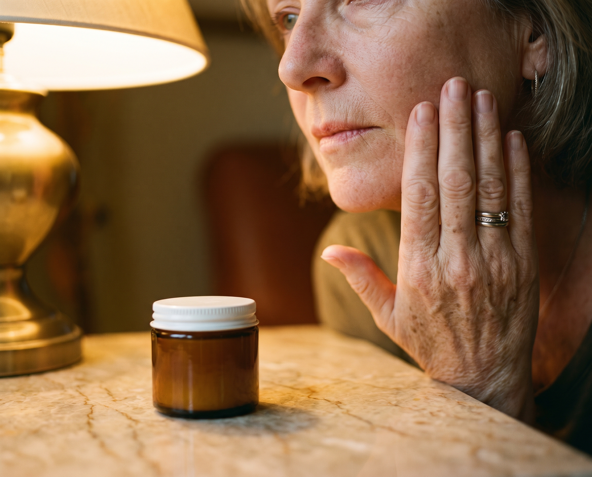 Close-up of a Caucasian woman in her early 60s gently touching her cheek with a small jar of cream in the foreground