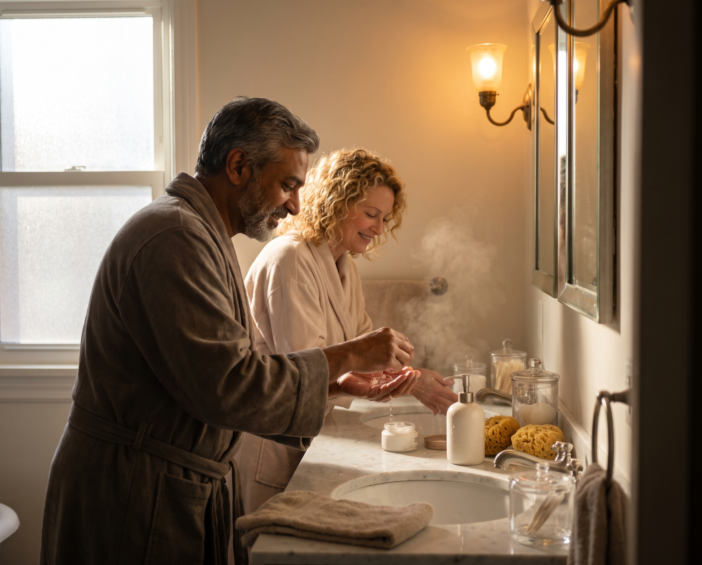 A South Asian man and a Caucasian woman in their late 40s and 50s starting their morning skincare routines together at a bathroom sink
