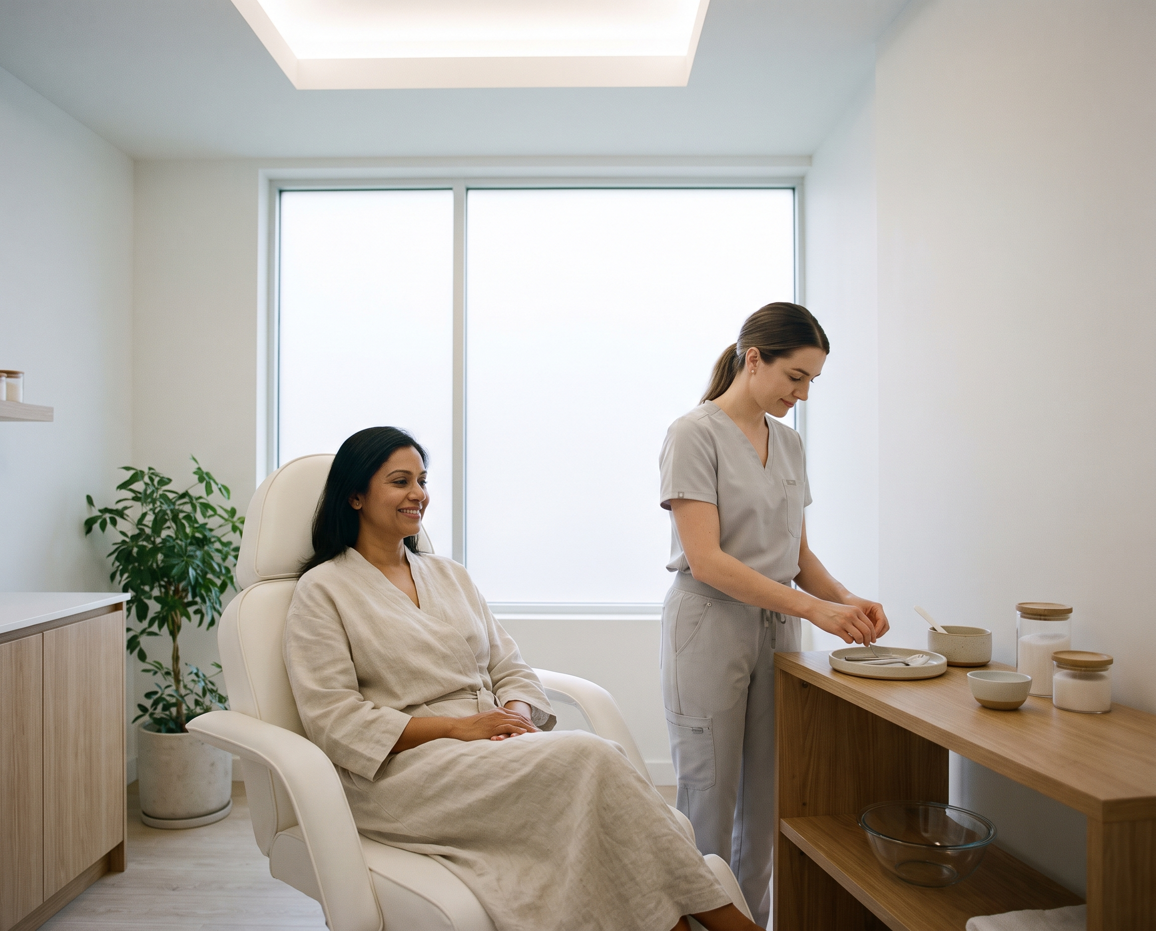 South Asian woman in her 40s sitting in a treatment chair in a modern skincare clinic while a female practitioner prepares for the peel procedure