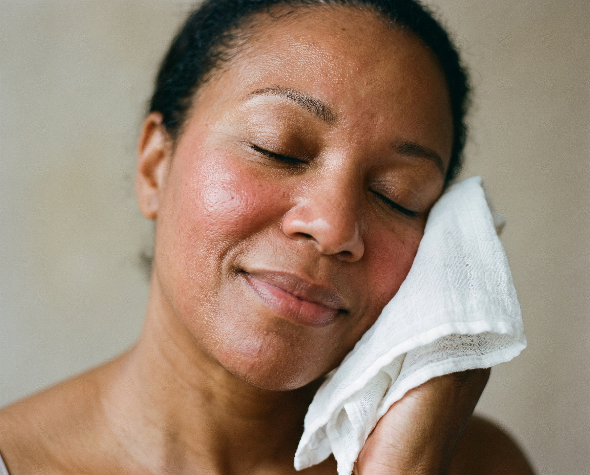 Black woman in her late 40s with glowing slightly pink skin after a peel treatment, pressing a cool damp cloth gently to her cheek