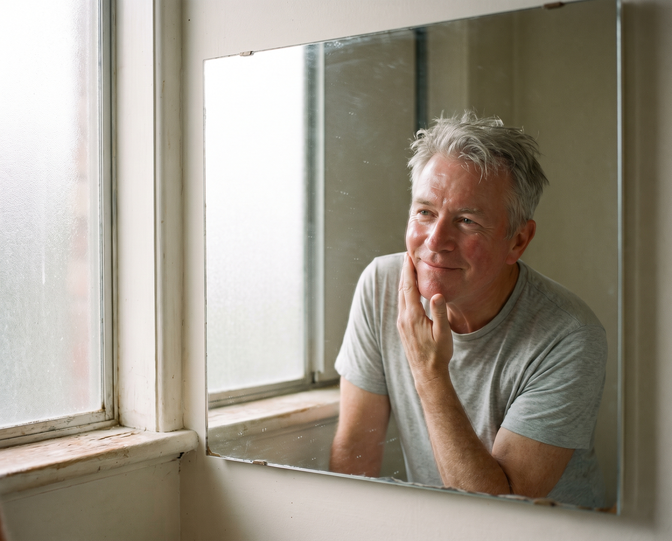 Caucasian man in his early 60s examining his freshly treated luminous skin in a bathroom mirror with a curious satisfied expression