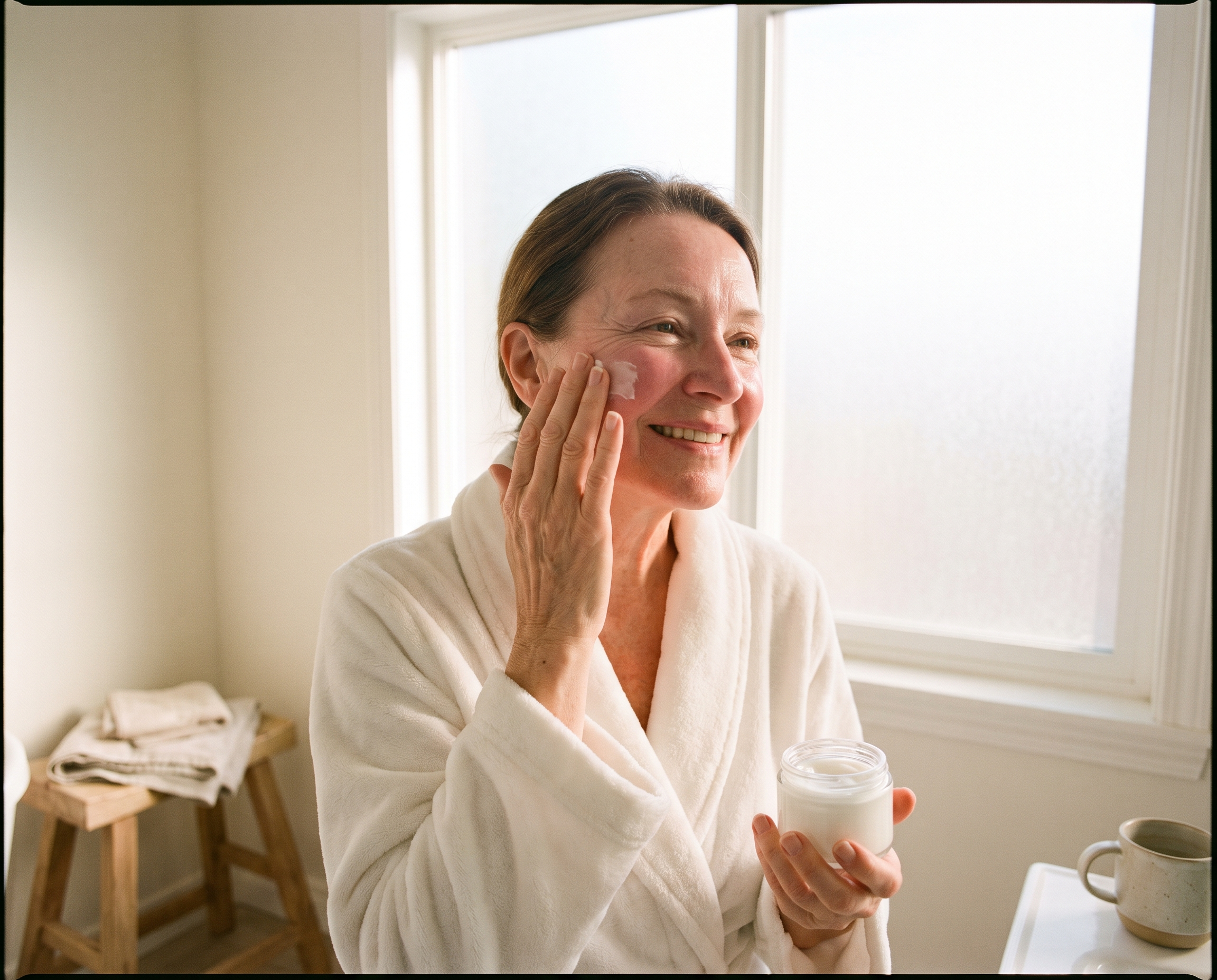 Caucasian woman in her mid-60s in a white robe applying moisturizer in a bright bathroom with naturally glowing post-peel skin in morning light
