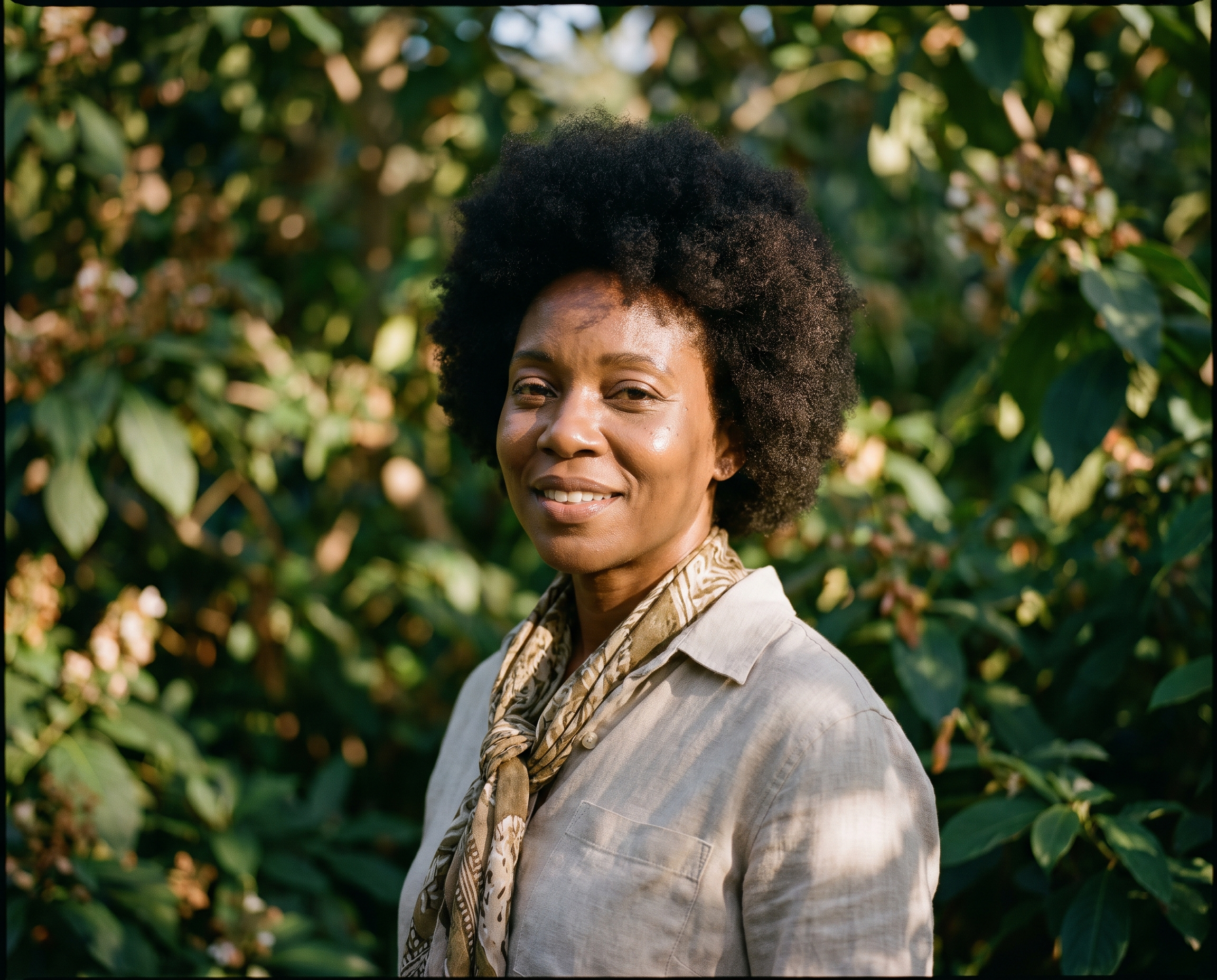 A Black woman in her mid-40s with glowing skin outdoors in a botanical garden