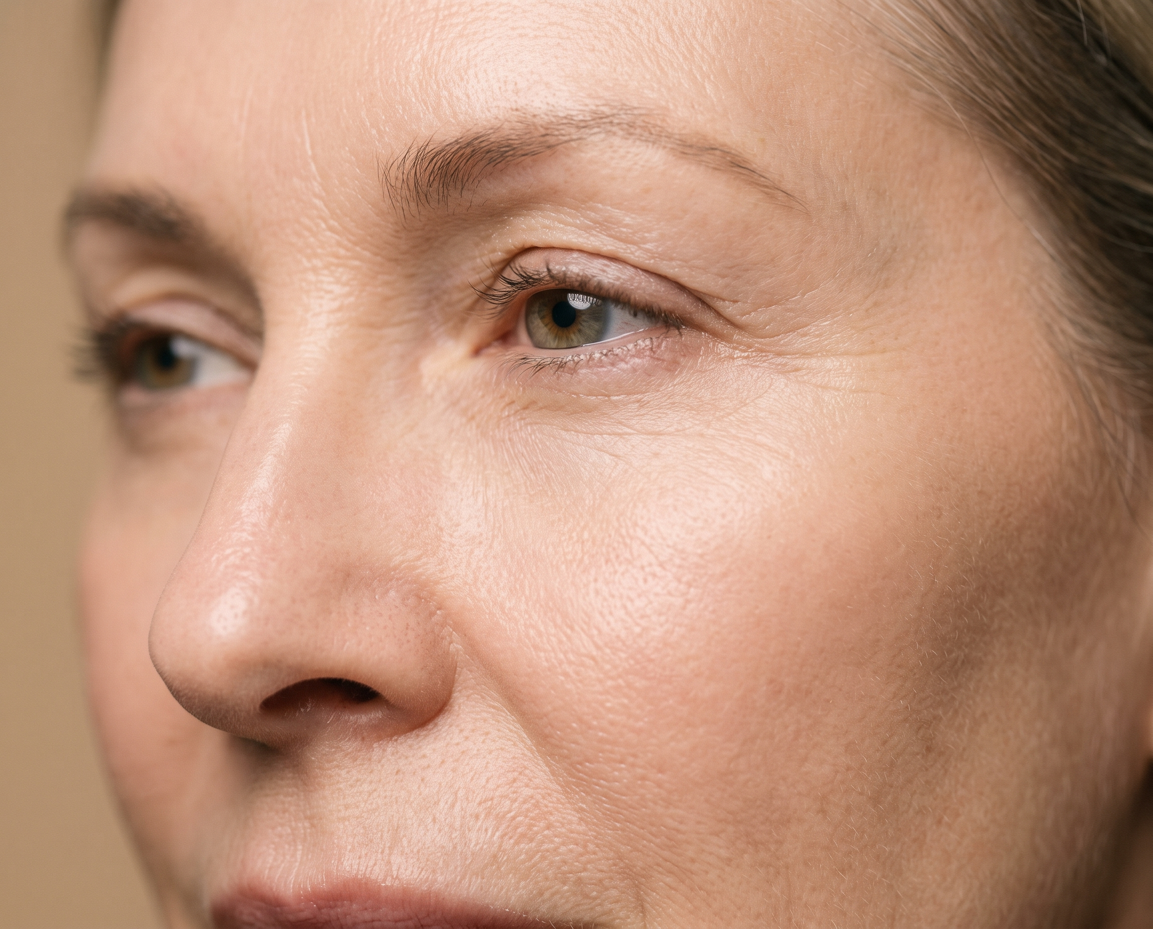Close-up of a Caucasian woman's cheek and eye area in her late 50s showing well-cared-for mature skin texture