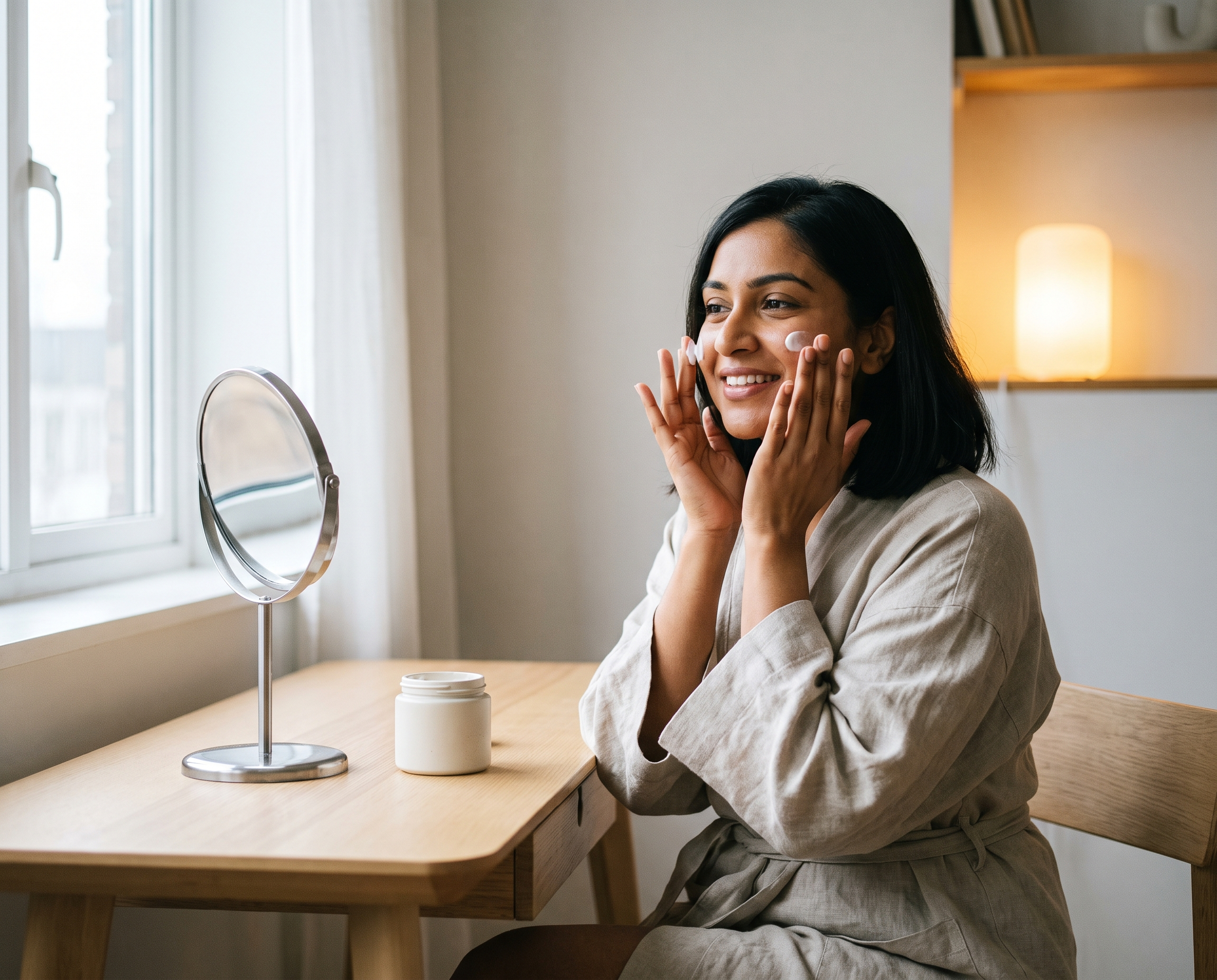 A South Asian woman in her early 50s applying skincare cream at a minimalist vanity