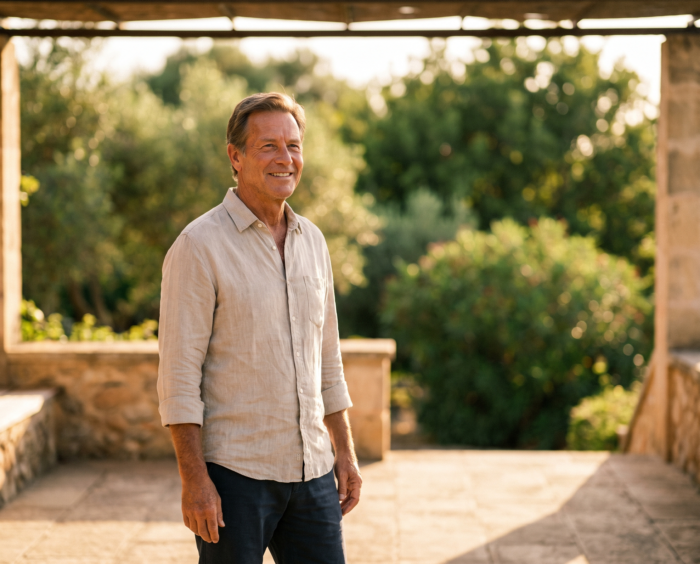 A Caucasian man in his late 50s with healthy skin smiling on an outdoor terrace in golden afternoon light