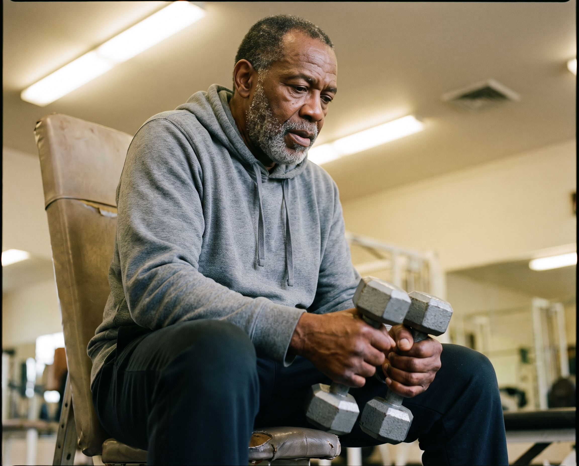 Black man in his mid-60s resting between sets at the gym, dumbbells in his lap, expression focused and relaxed