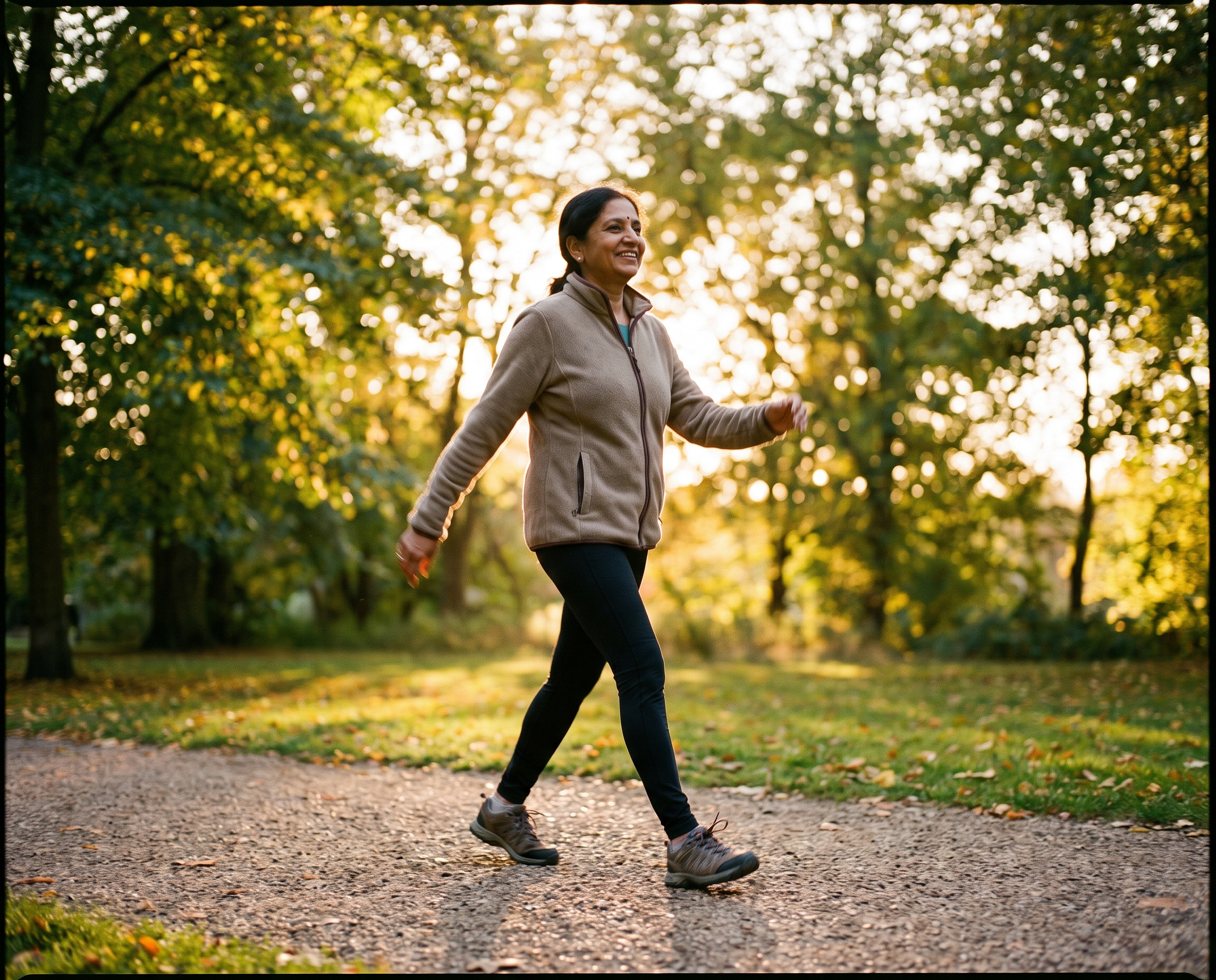 South Asian woman in her early 60s walking briskly in a park, smiling, golden-hour light