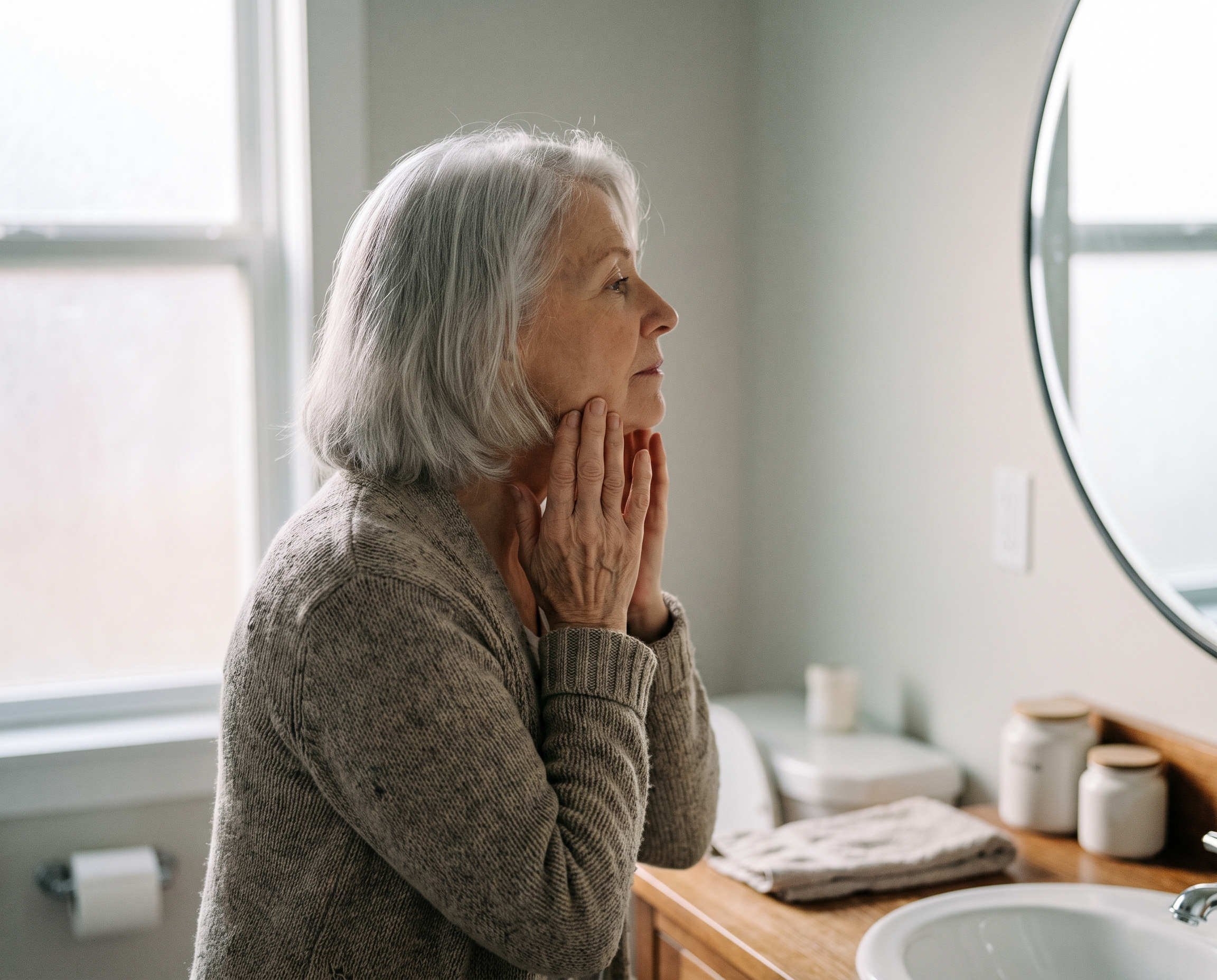 Caucasian woman in her early 70s at a bathroom vanity examining her skin in soft morning light