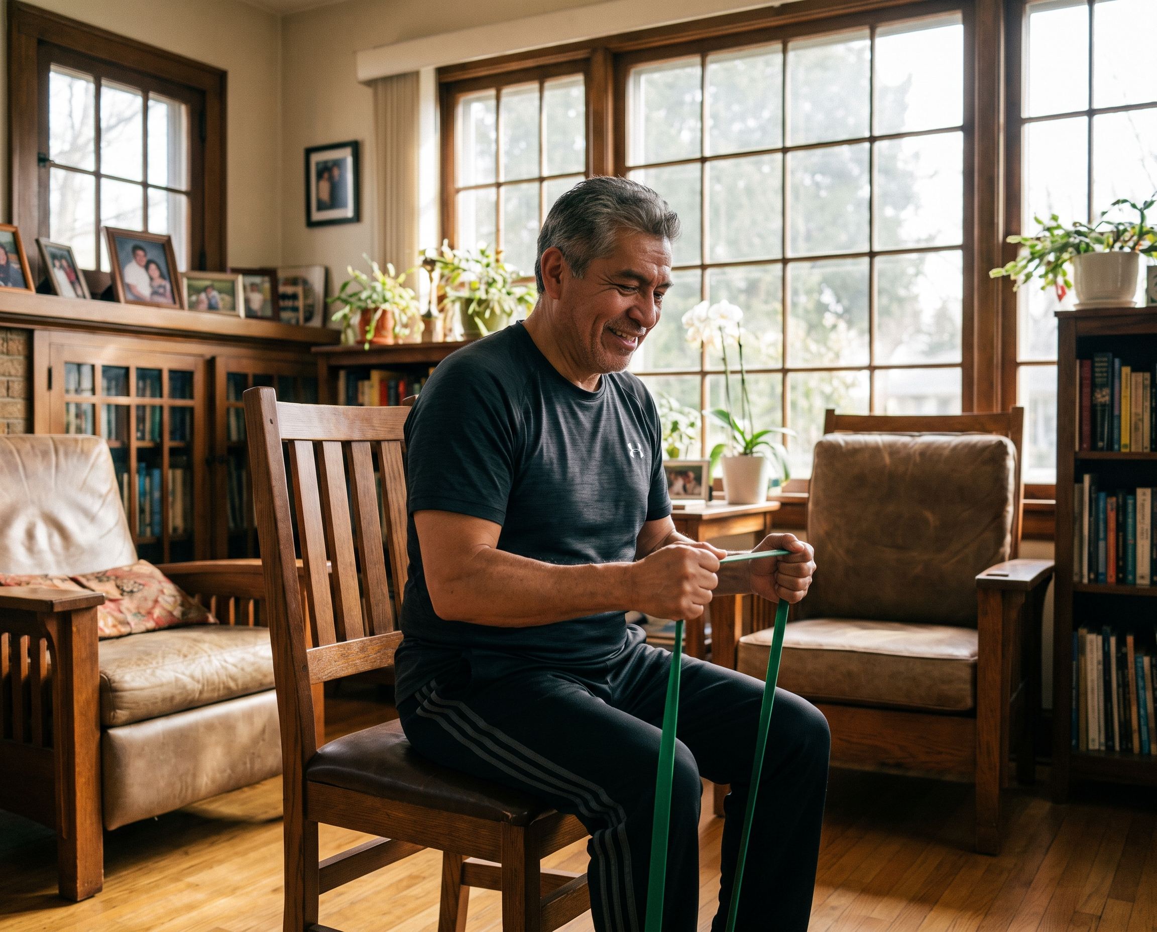 Latino man in his late 50s doing seated resistance band exercises in a bright living room