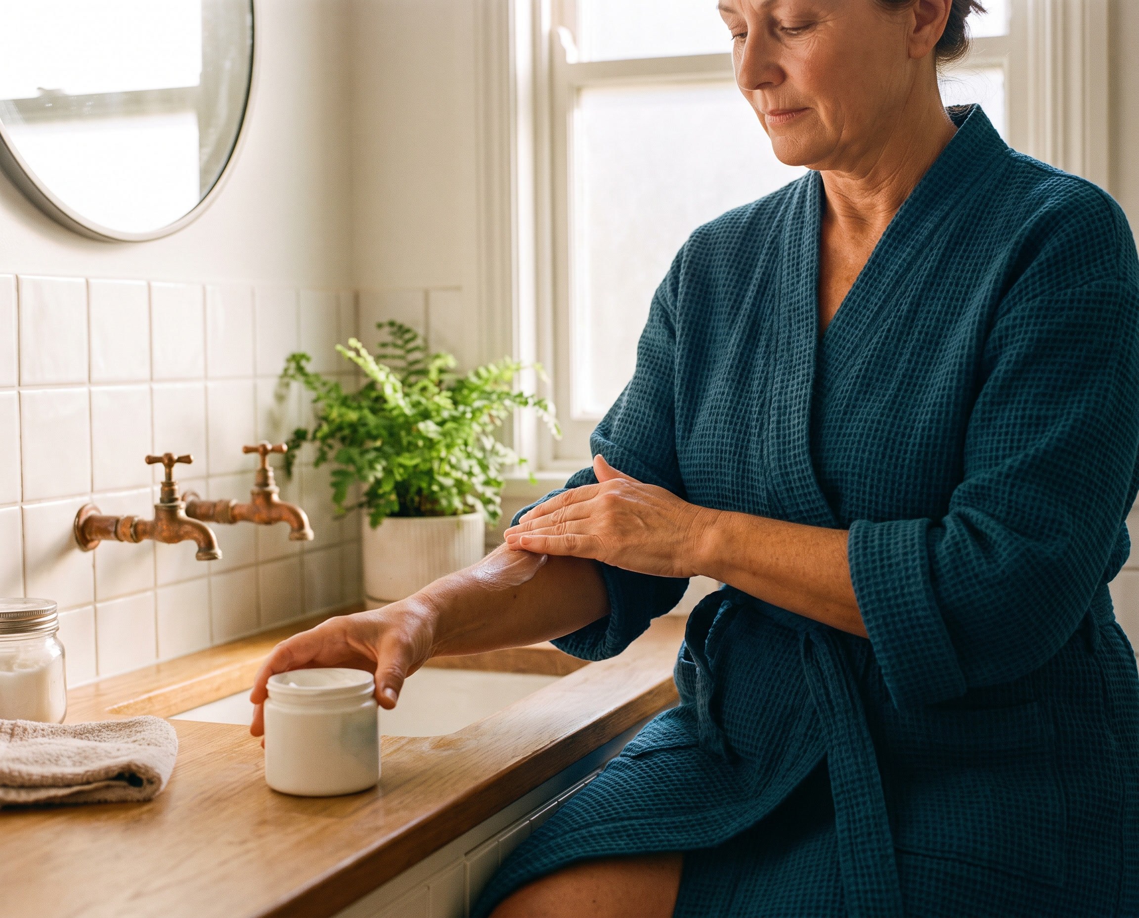 A Caucasian woman in her early 60s applying body lotion to her forearm in a sun-lit bathroom, wearing a deep teal robe