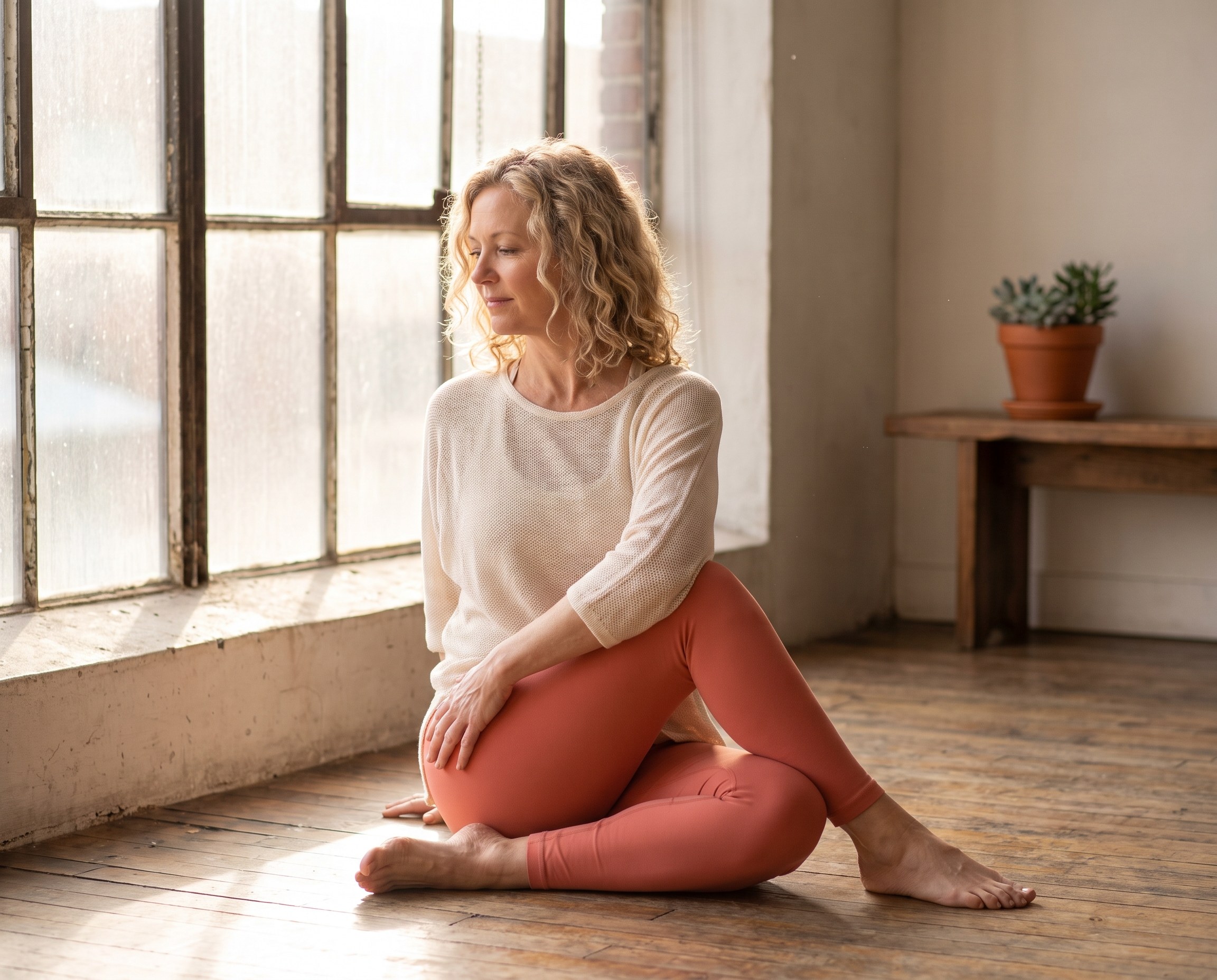 A Caucasian woman in her early 50s doing a gentle yoga stretch in a warmly lit studio, wearing coral leggings