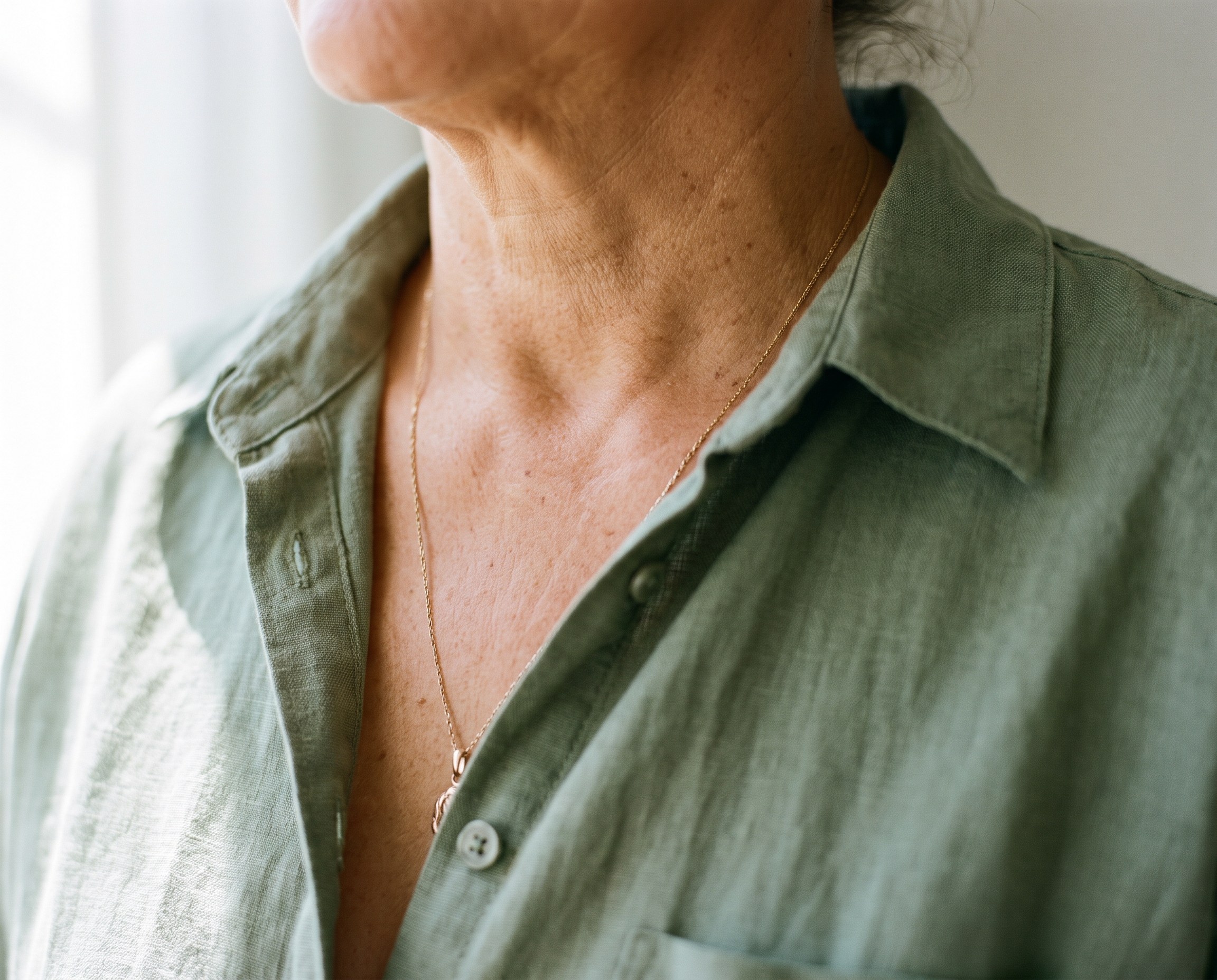 Close-up editorial detail of a Latina woman's neck and décolletage in soft directional light, wearing a sage green linen shirt