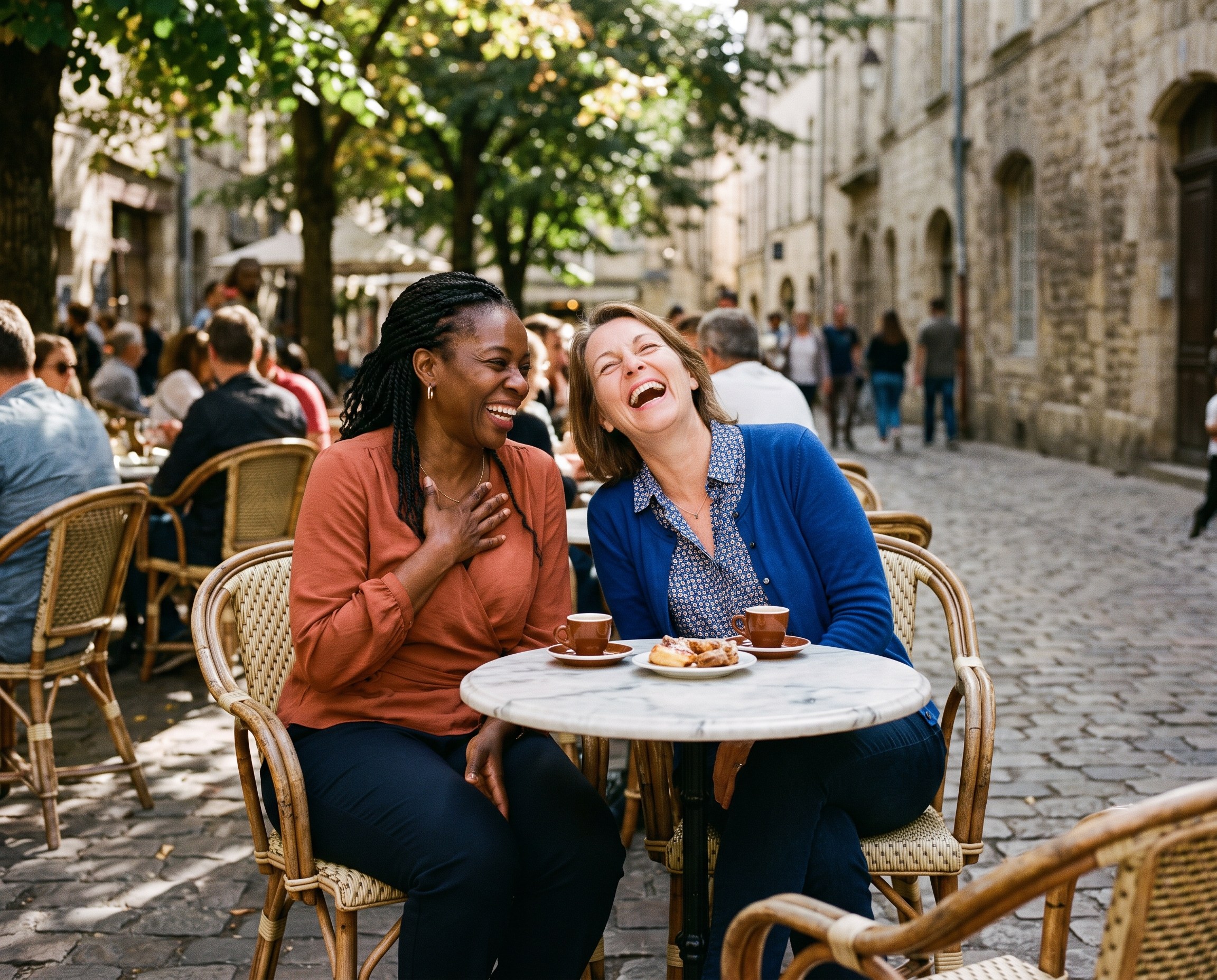 Two women in their mid-50s sharing coffee and laughing at an outdoor café table, one in terracotta and one in cobalt blue