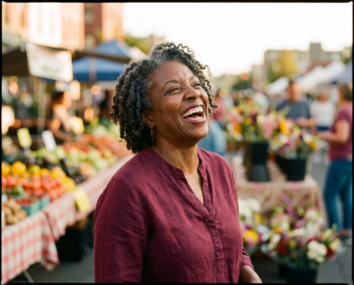 Woman laughing at a bustling outdoor farmers market