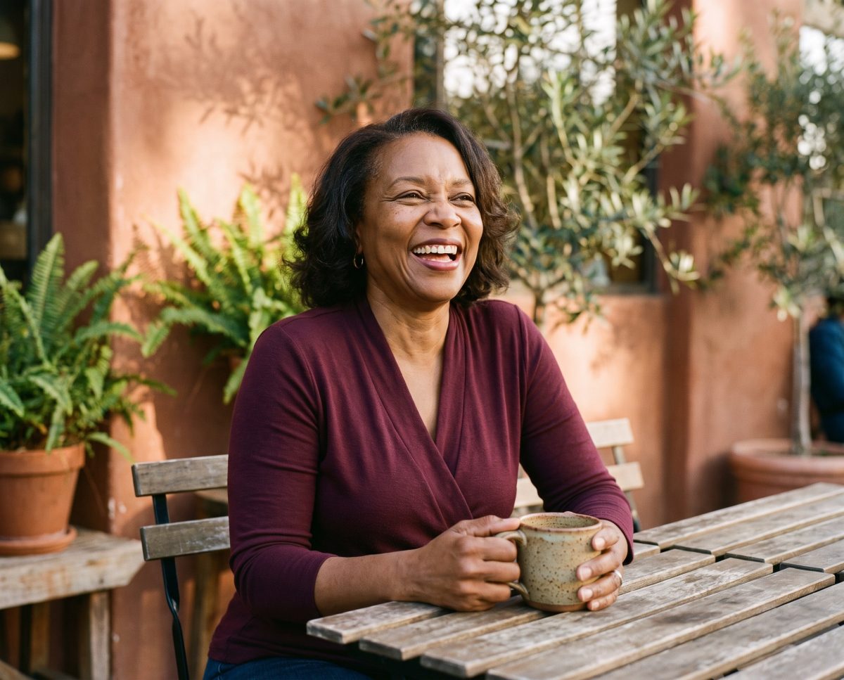 Smiling woman holding coffee mug at leafy outdoor café