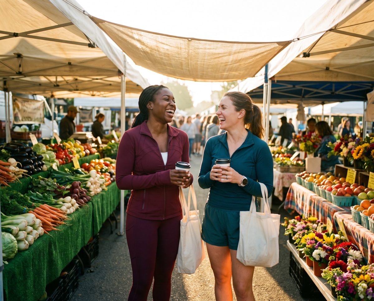 Two friends laugh at a sunlit farmers market.