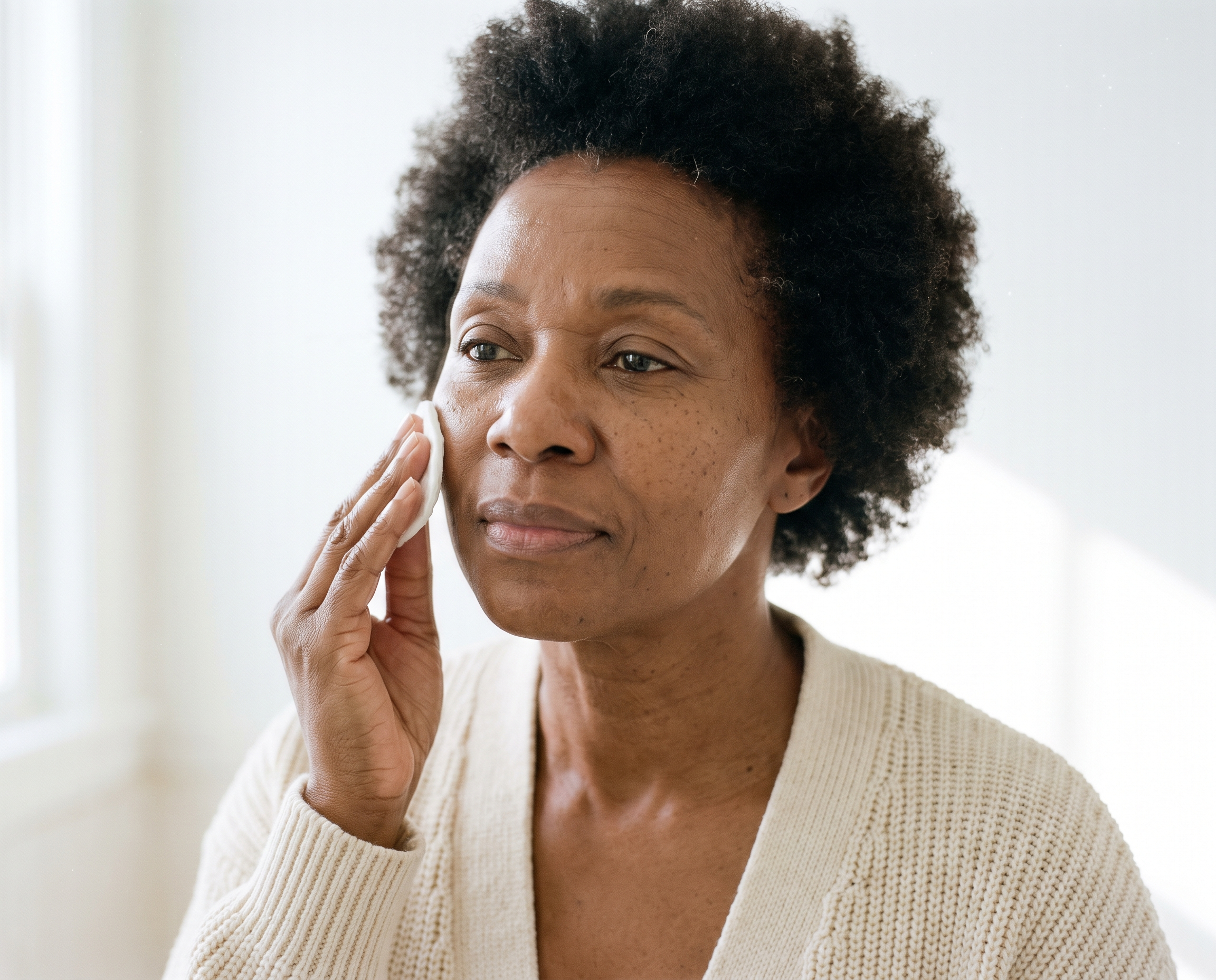 A Black woman in her late 50s gently applying a cotton pad to her cheek in a bright clean bathroom