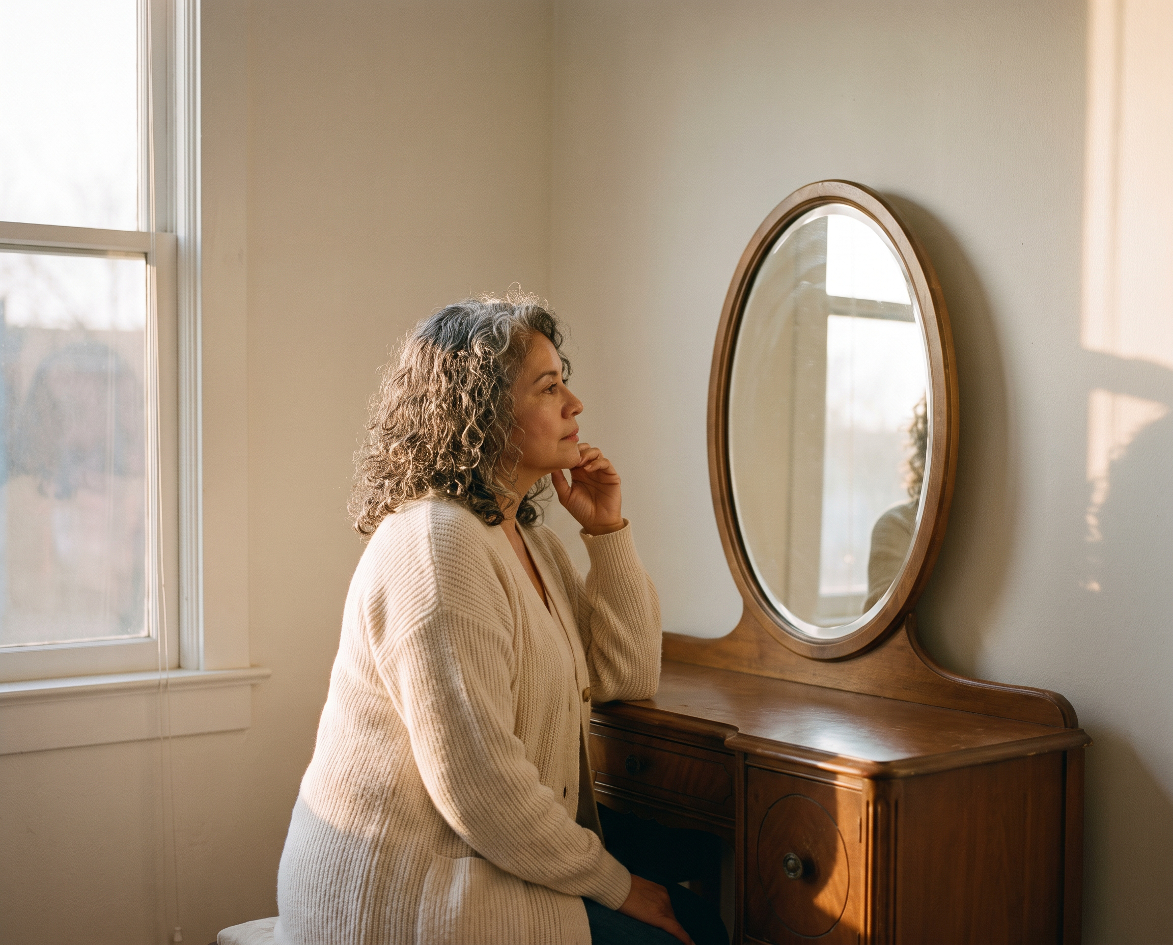 A Latina woman in her mid-50s at a vanity in golden hour light, thoughtfully studying her reflection
