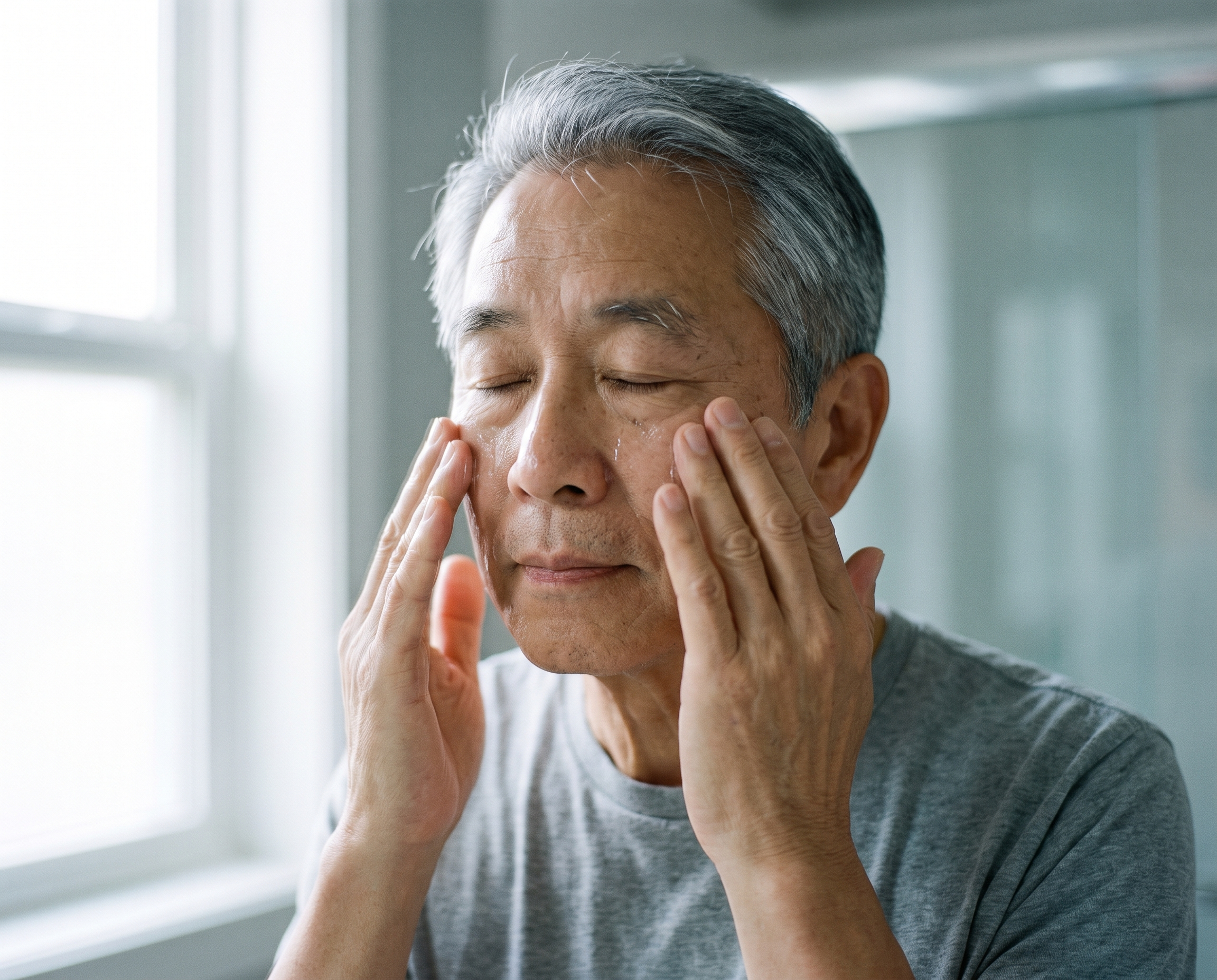 An East Asian man in his early 70s applying skincare with his fingertips in a calm, light-filled bathroom