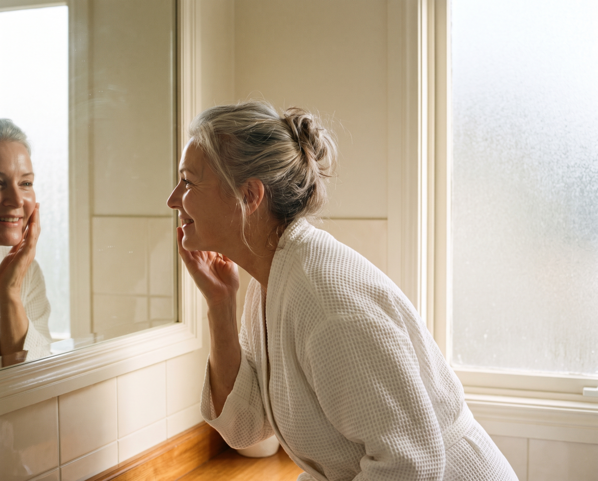 Woman in bathrobe smiling at her reflection