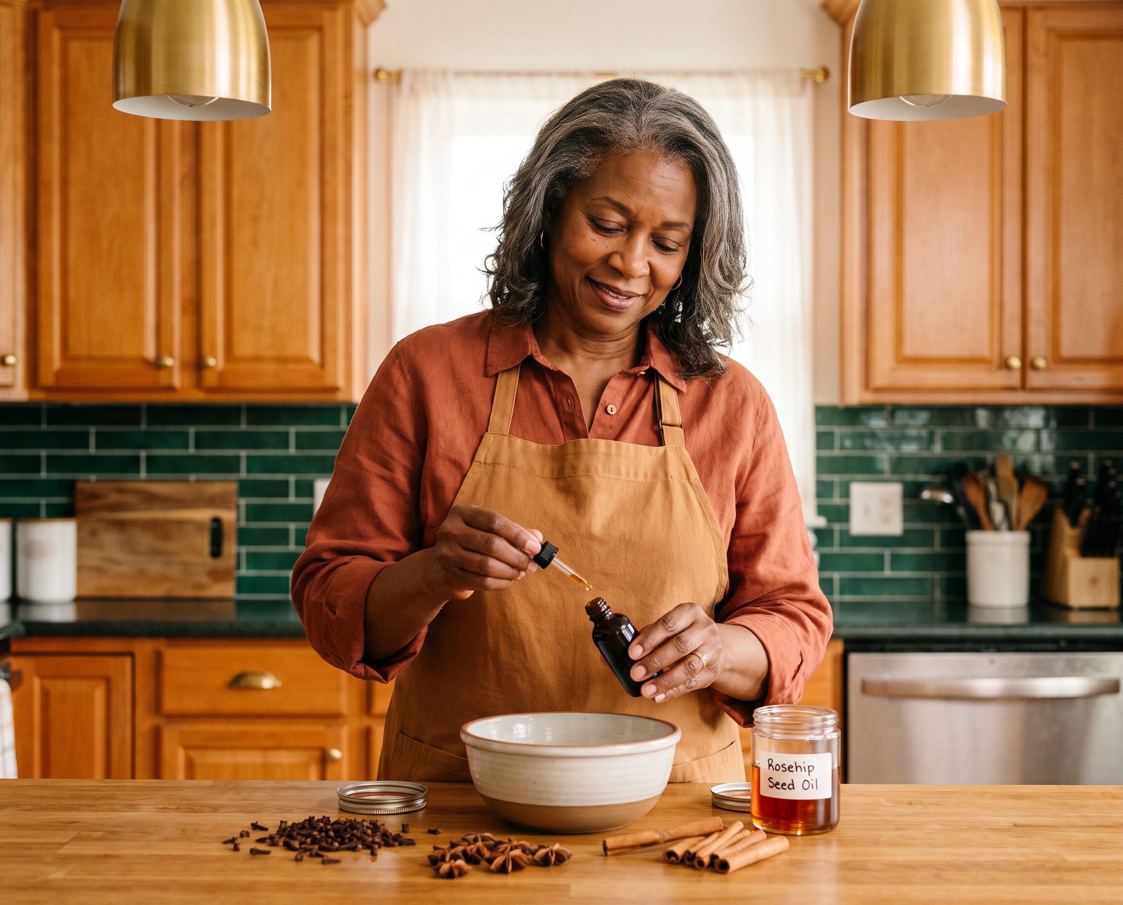Black woman in her 60s in a rust linen blouse blending essential oils at a kitchen counter with cloves and cinnamon sticks