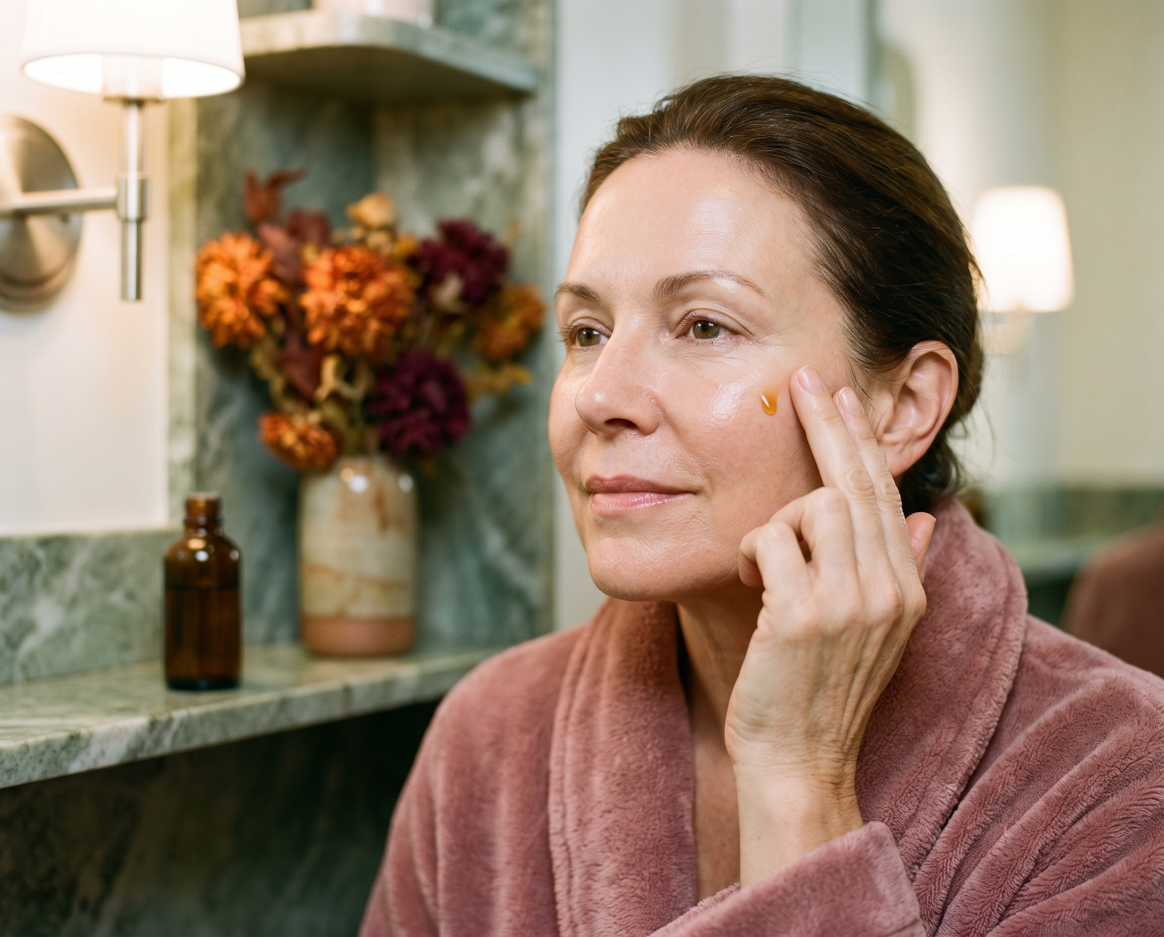 Woman in her late 50s in a dusty rose robe applying amber facial serum with autumn flowers on a sage marble shelf
