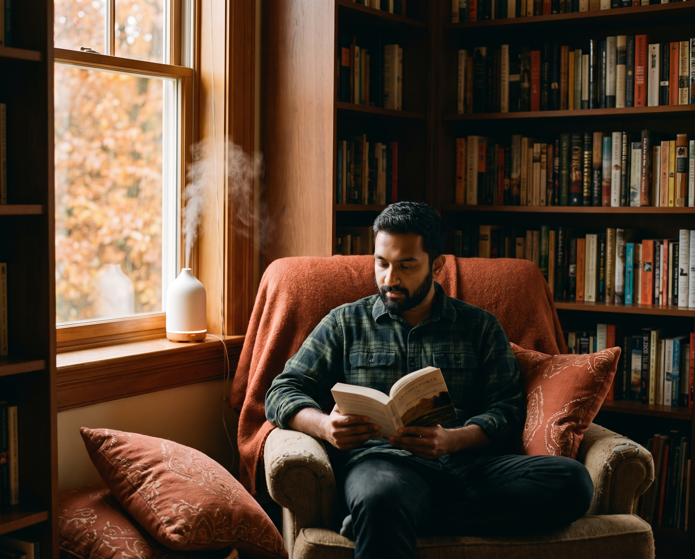 South Asian man in a forest green flannel reading in a cozy nook with a diffuser misting by an autumn-leaf window