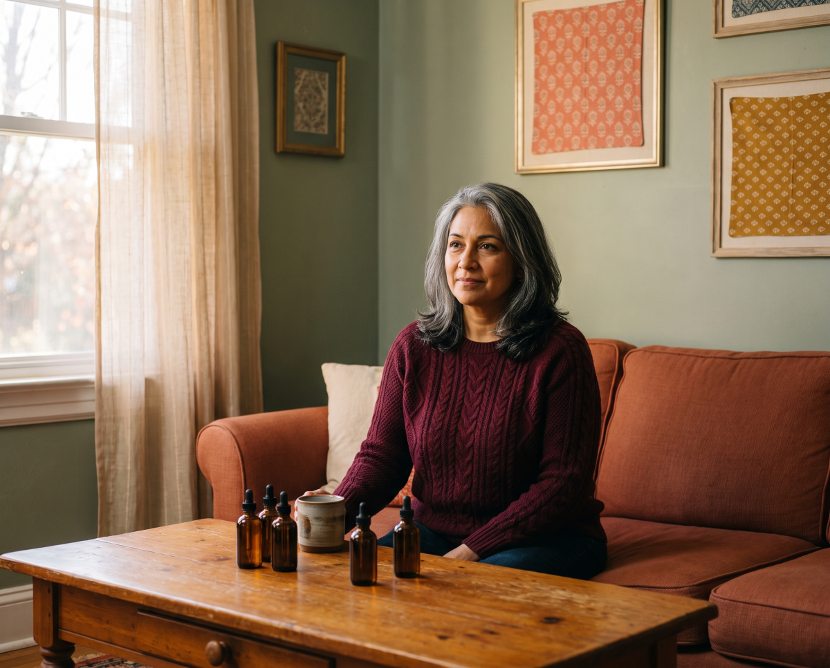 Woman beside essential oil bottles in sunlit living room