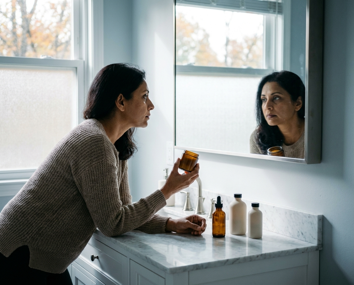 A South Asian woman in her mid-40s reviewing skincare products at a bathroom vanity in autumn morning light