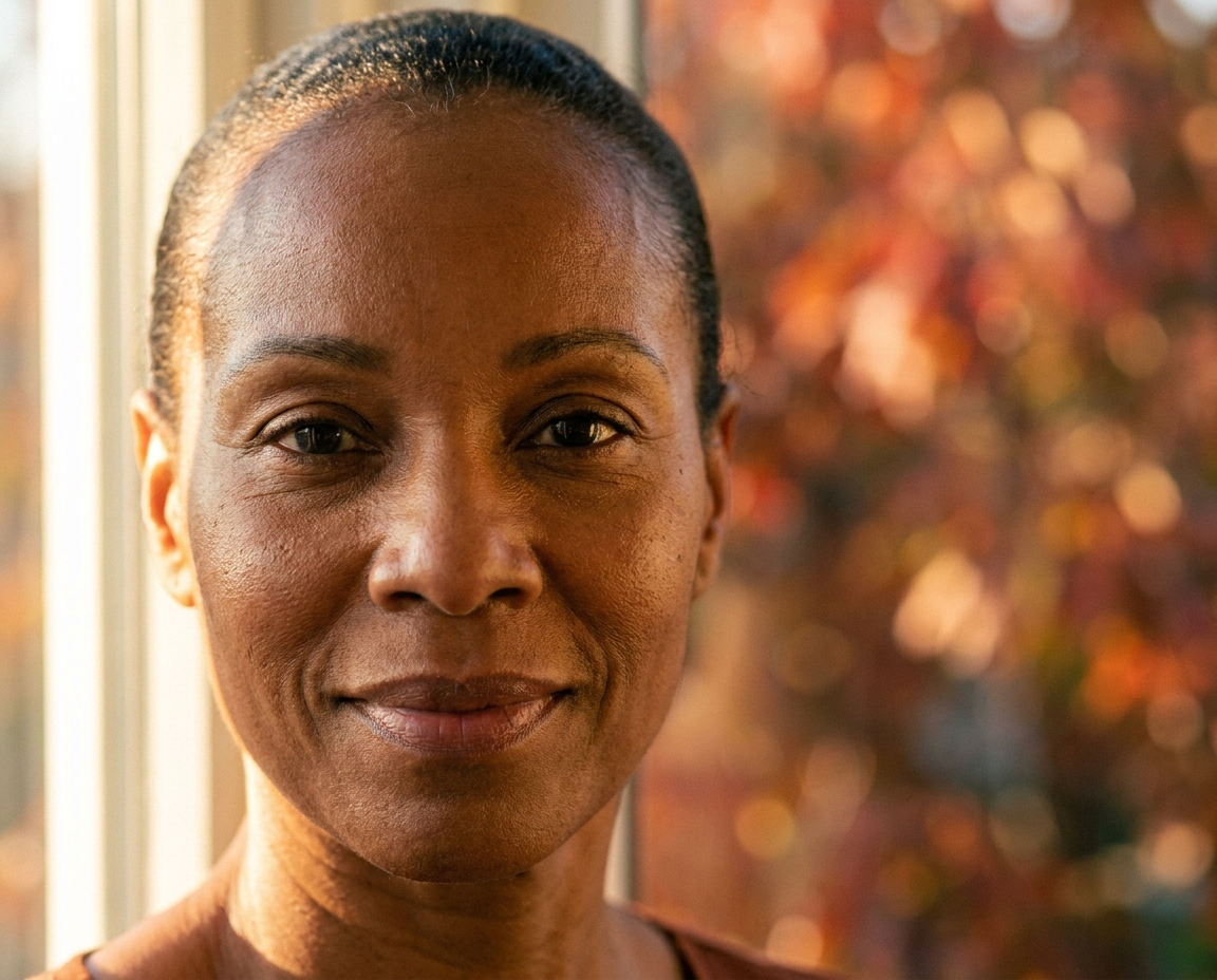 Close-up portrait of a Black woman in her mid-50s with radiant, healthy skin in warm autumn golden light