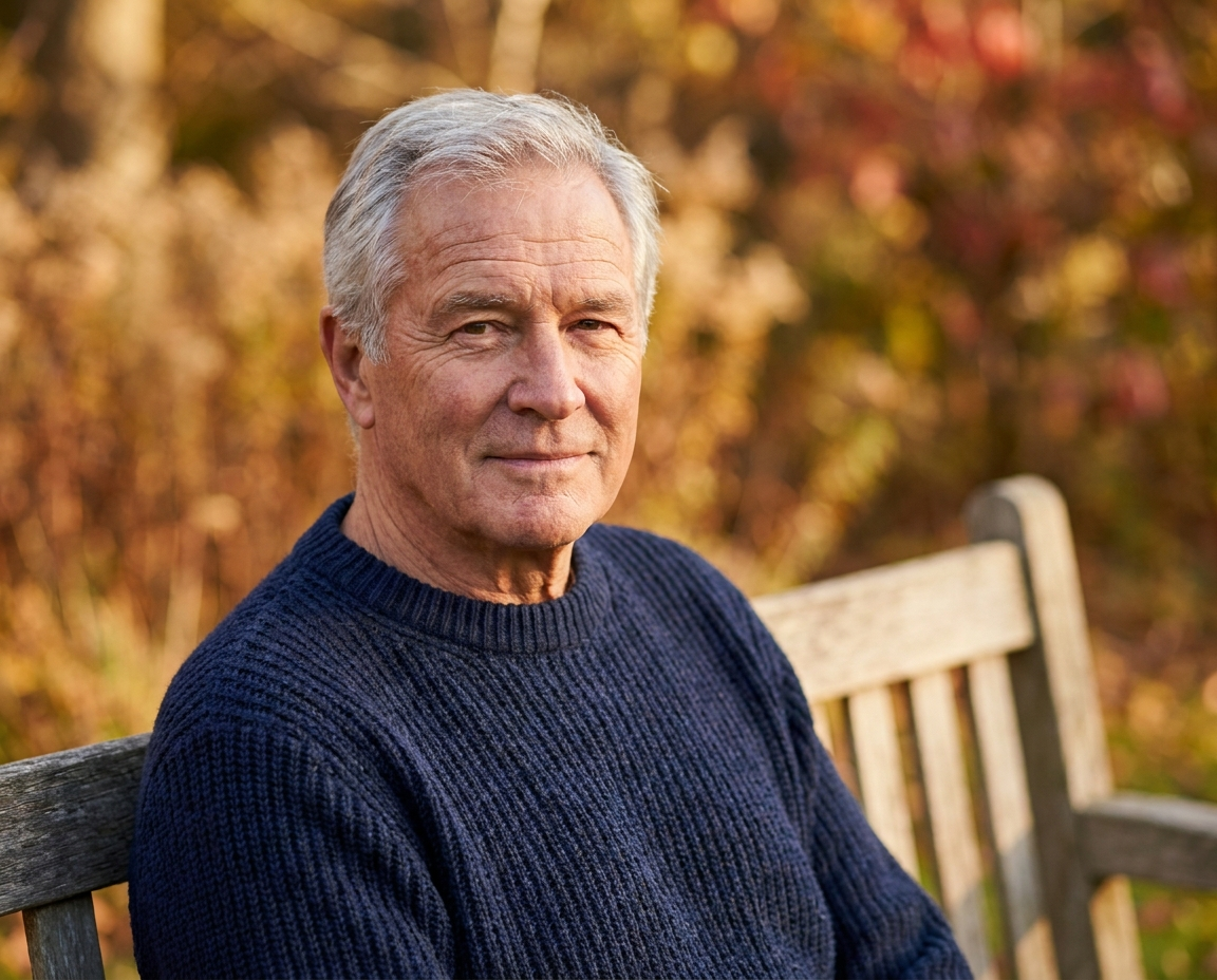 A distinguished man in his late 60s sitting on a park bench among autumn trees, showing healthy mature skin