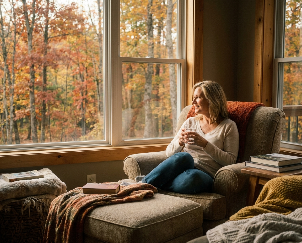 A woman in her early 50s sitting by a window in a cozy living room with autumn trees outside, holding a glass of water