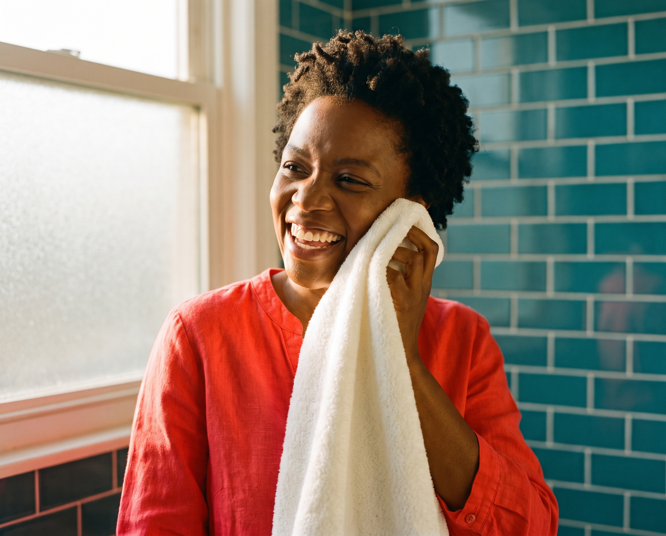 Black woman in coral-red blouse laughing while patting her glowing skin dry with a white towel, teal tile wall background