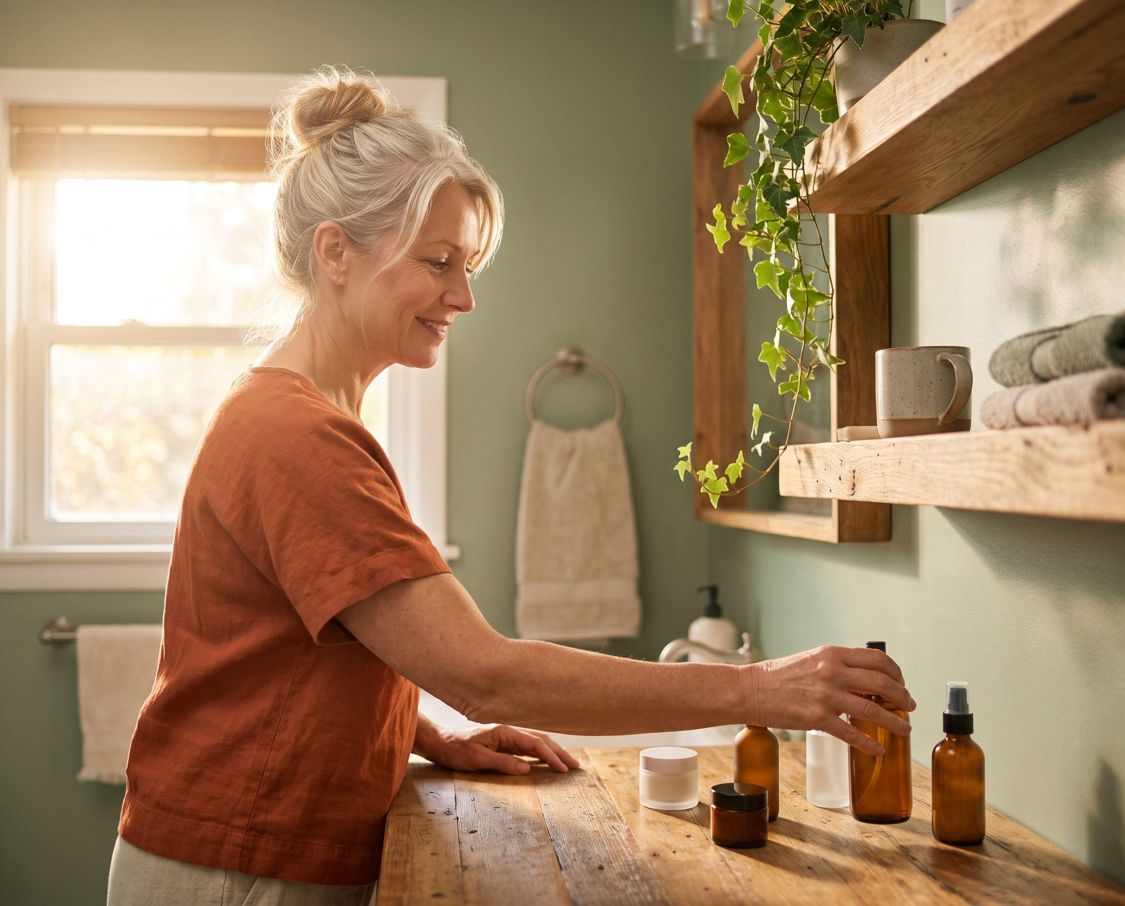 Caucasian woman with silver-streaked hair in burnt orange linen top reaching for a cleanser on a styled bathroom counter, sage green walls