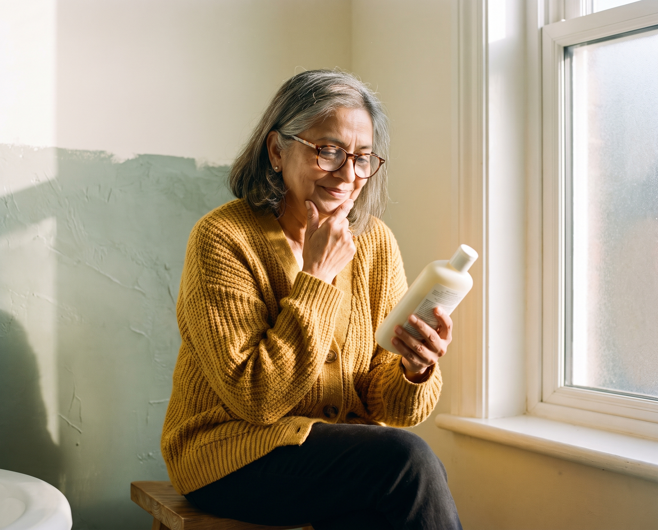 South Asian woman in her 60s in mustard yellow cardigan reading the back of a cleanser bottle by a sunlit window