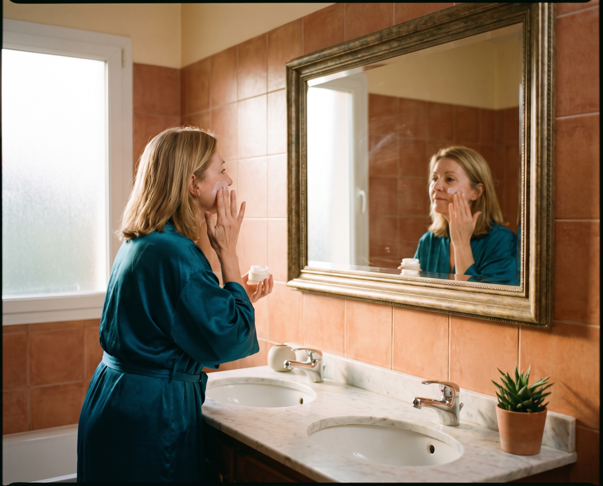 Woman applying face cream while looking in bathroom mirror