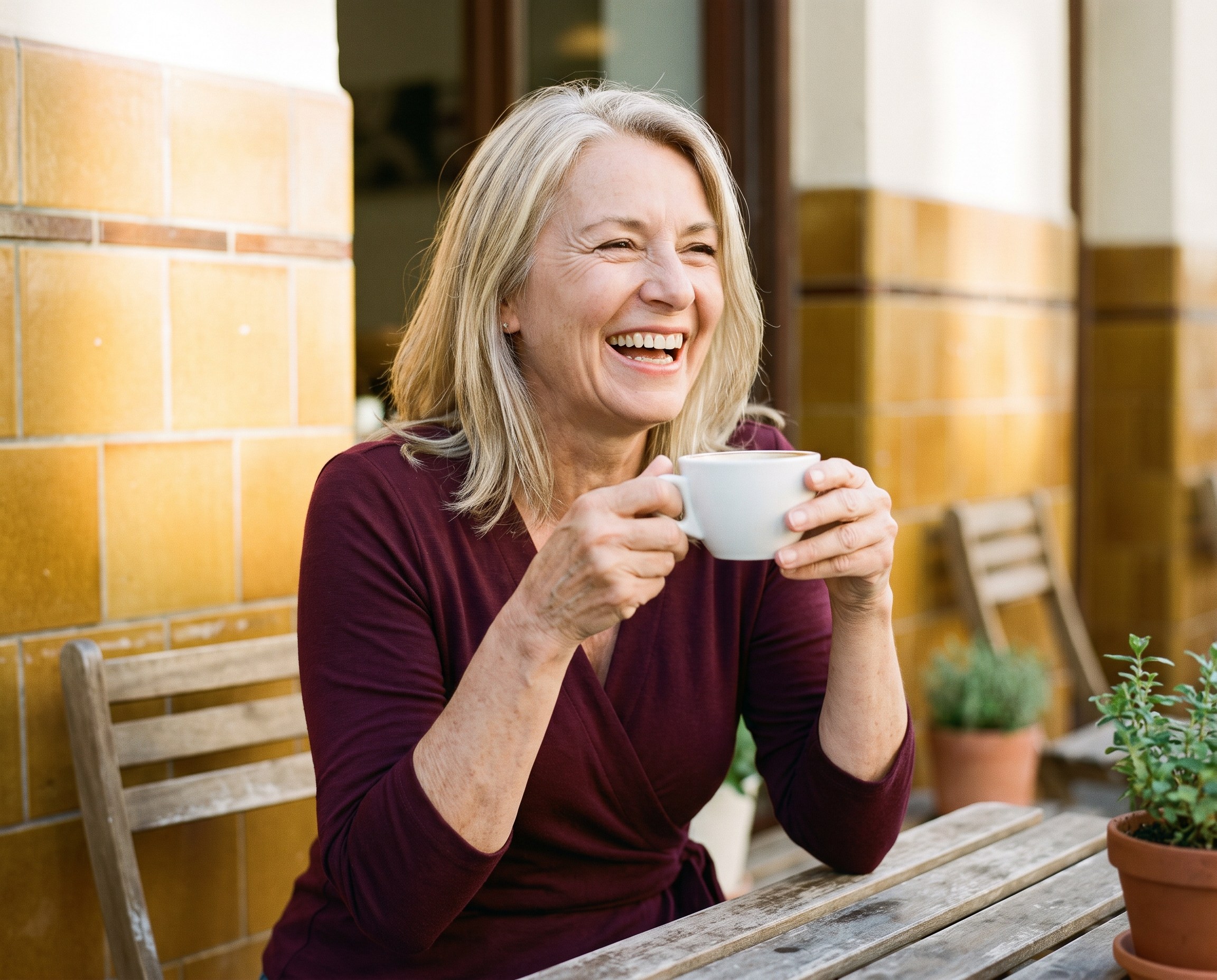 Caucasian woman in her early 60s laughing warmly at an outdoor cafe table, hands wrapped around a coffee cup