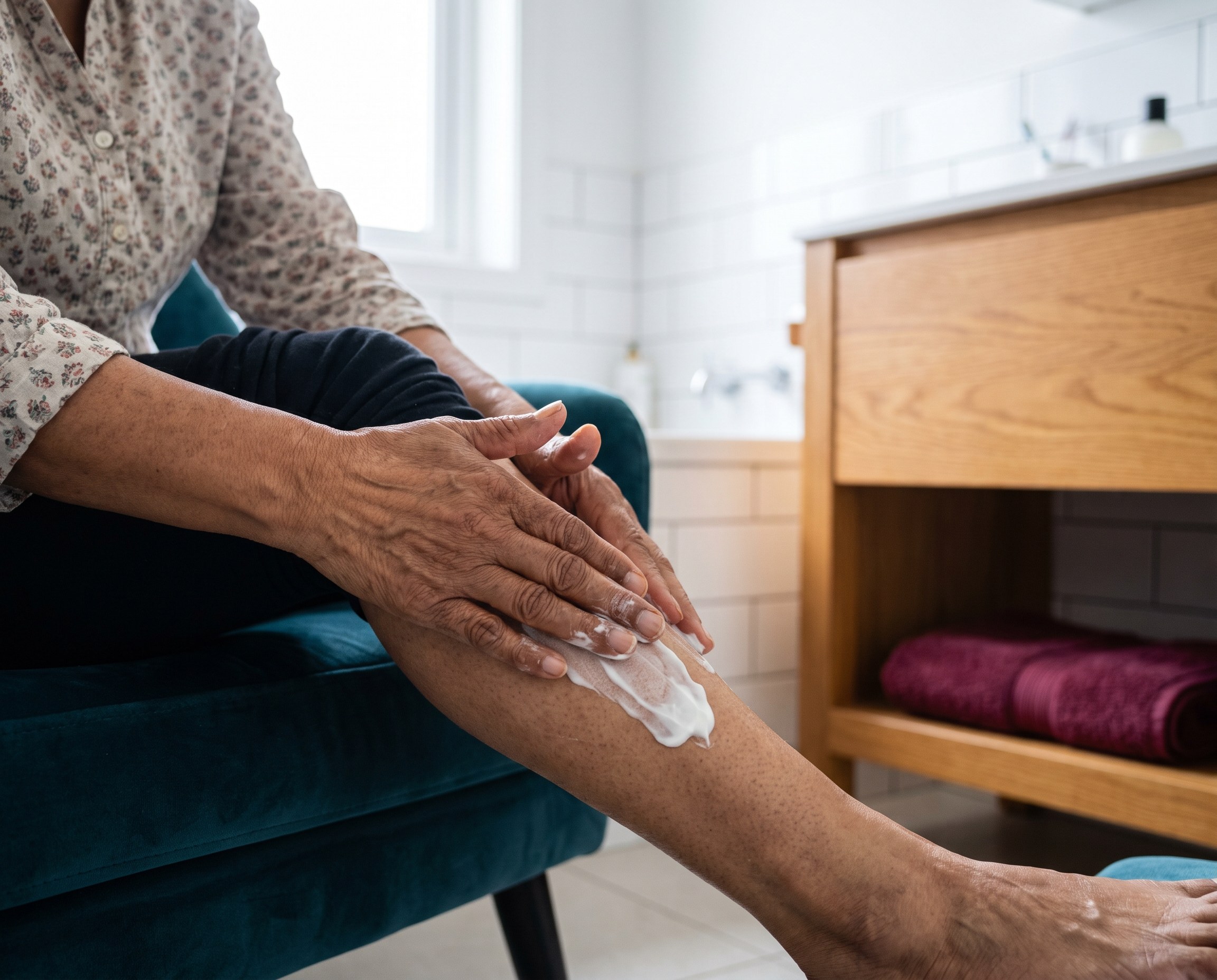 South Asian woman in her mid-50s applying moisturizer to her lower leg while seated in a bright bathroom