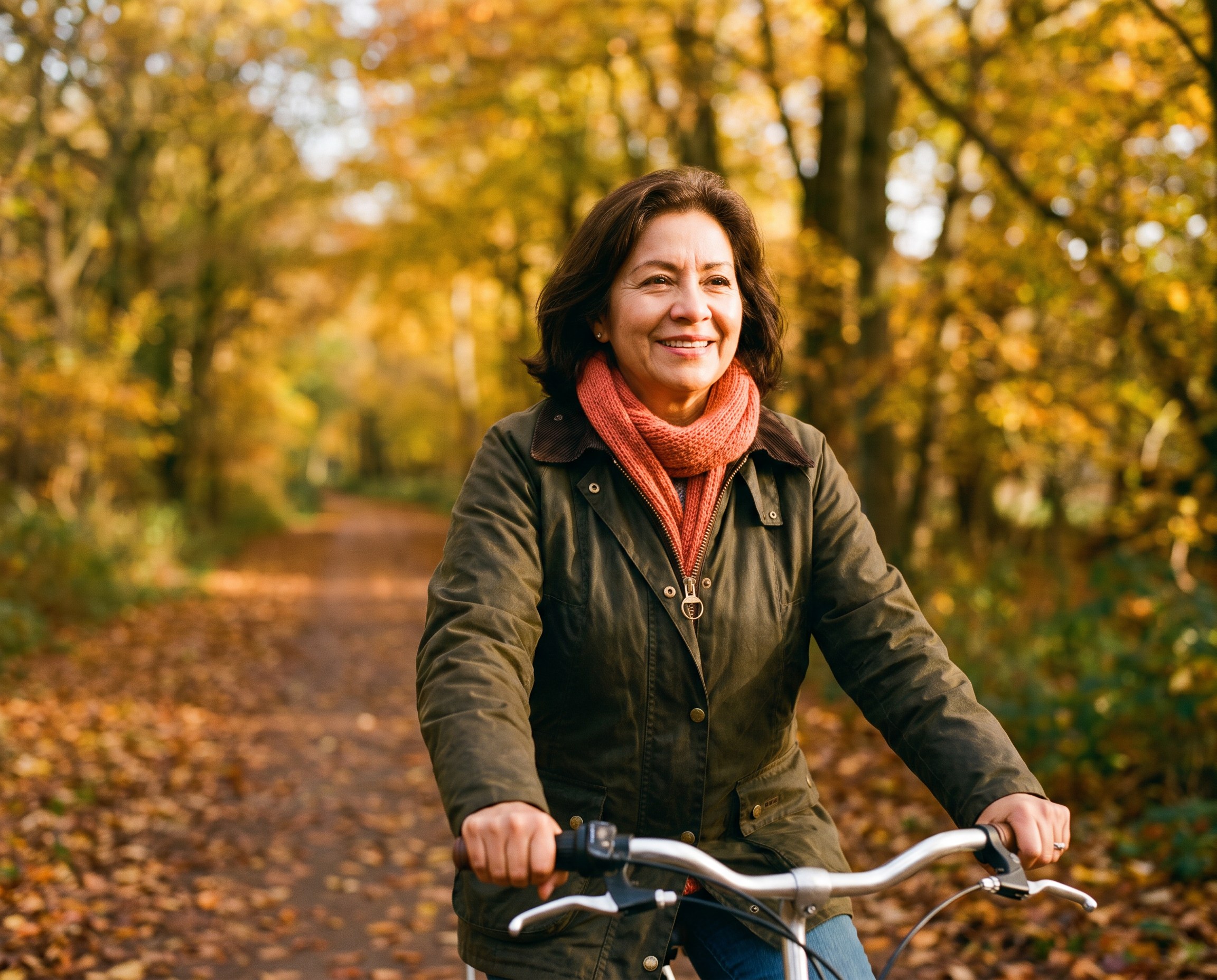 Latina woman in her late 50s cycling on a tree-lined autumn path in an olive jacket and coral scarf