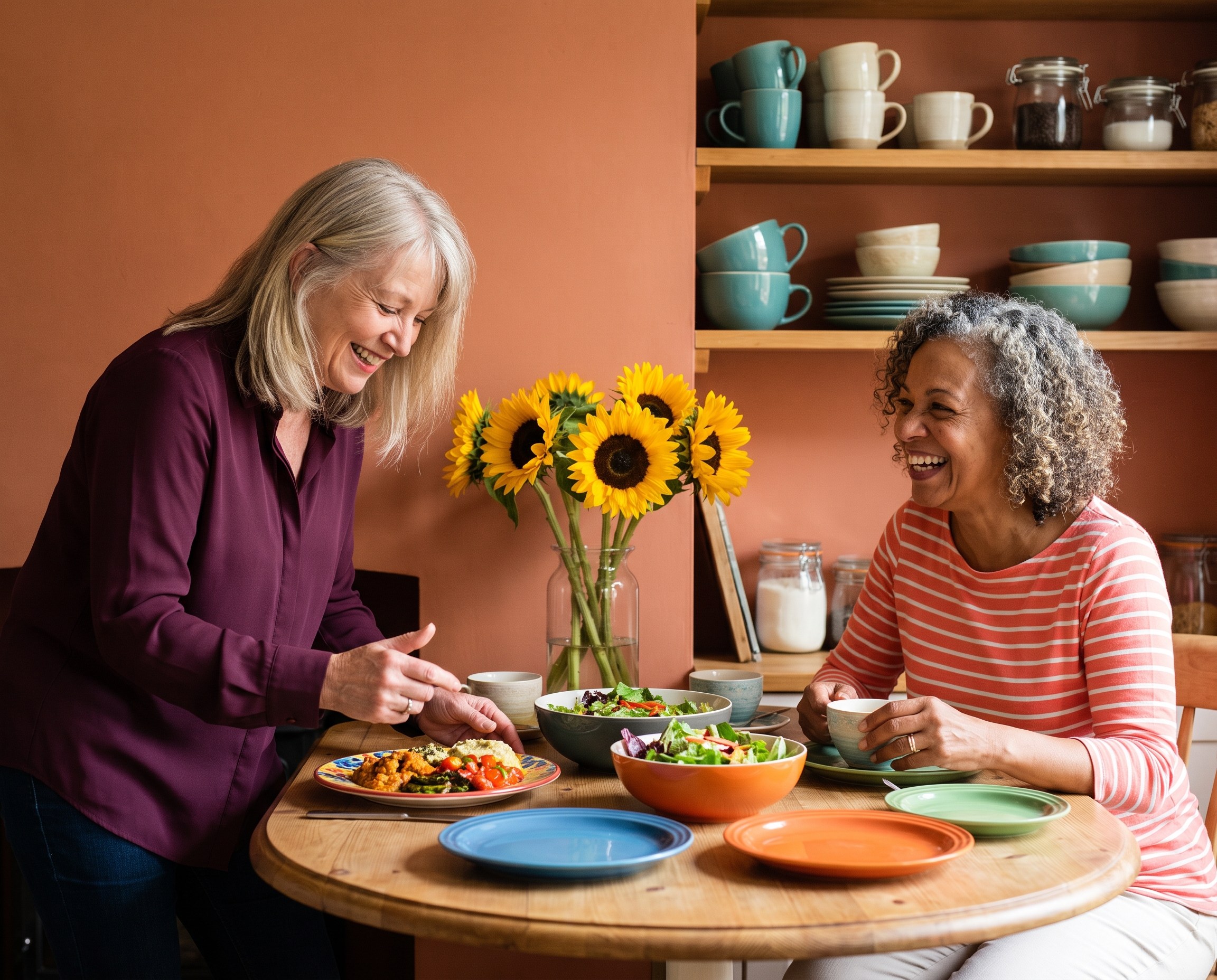 Two women laughing together over a shared meal at a kitchen table with sunflowers and colorful dishes