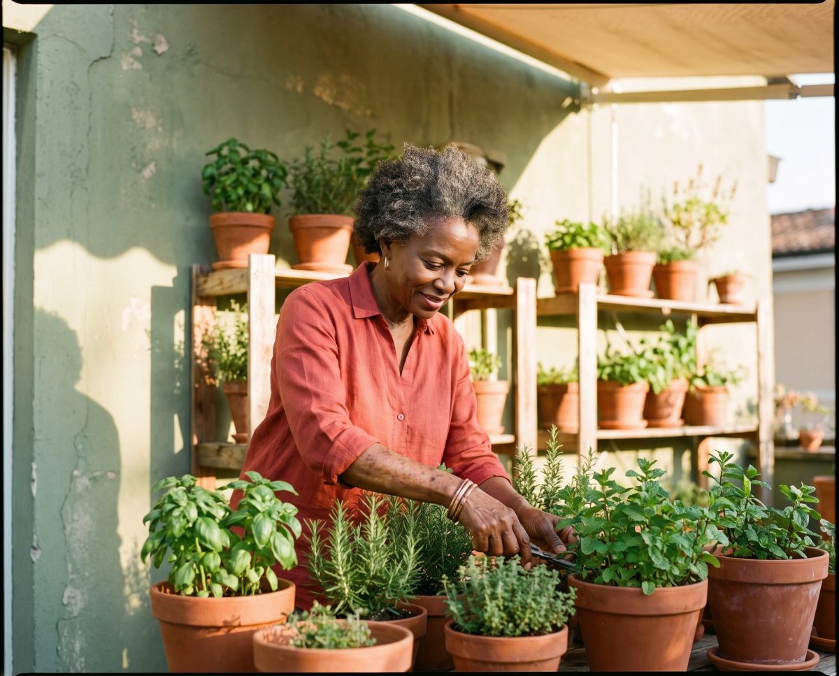Woman tending potted herbs on a sunny patio