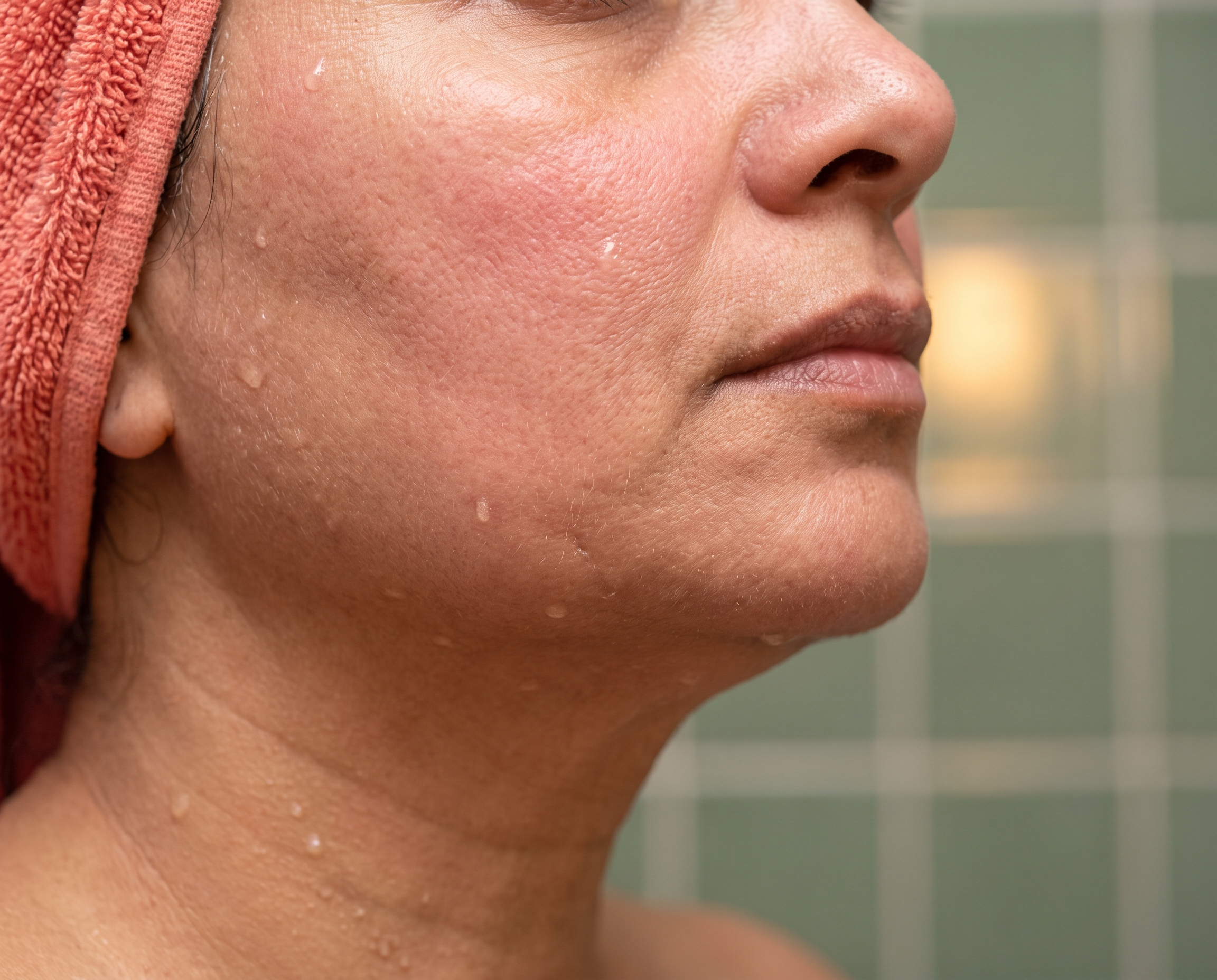 Close-up of a South Asian woman's cheek showing slightly pink, dry-textured skin against a sage-green tiled wall