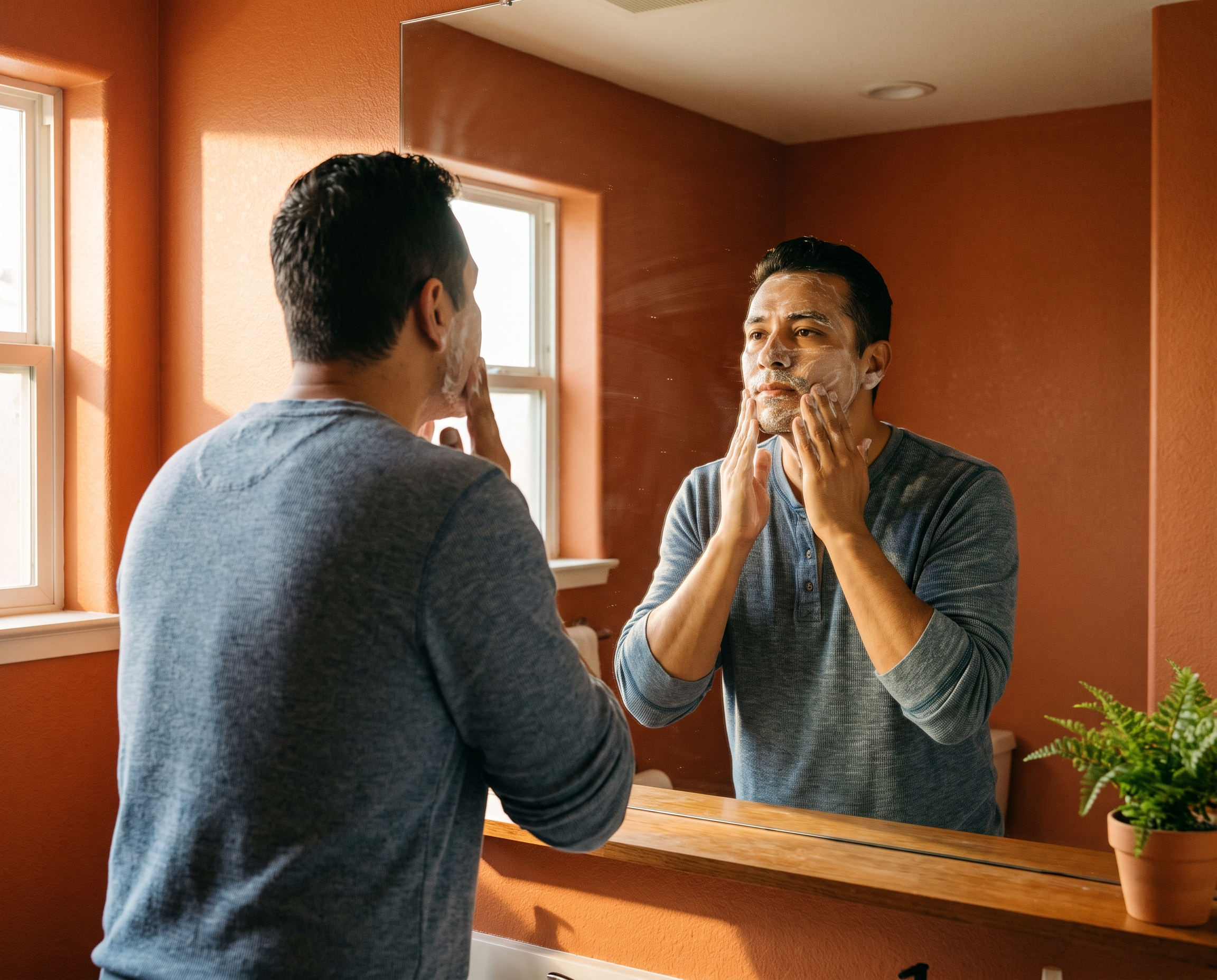 A Latino man applying gentle cleanser at a bathroom mirror with terracotta-orange walls and morning sunlight