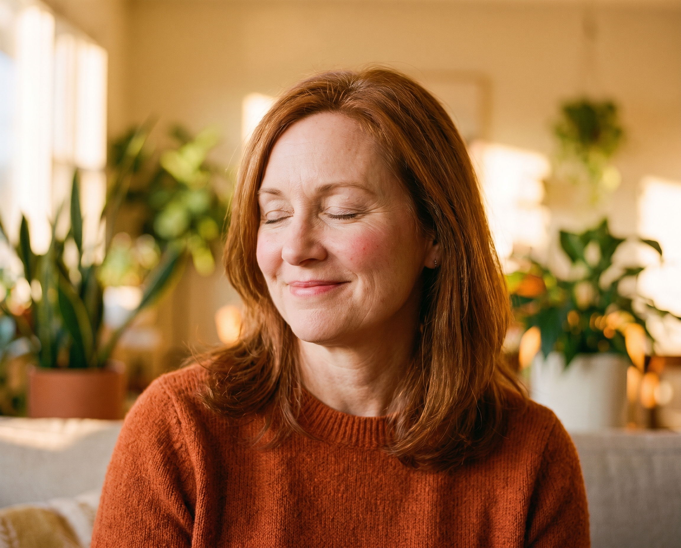Close-up portrait of a woman with auburn hair and slightly pink reactive cheeks wearing a rust-orange sweater