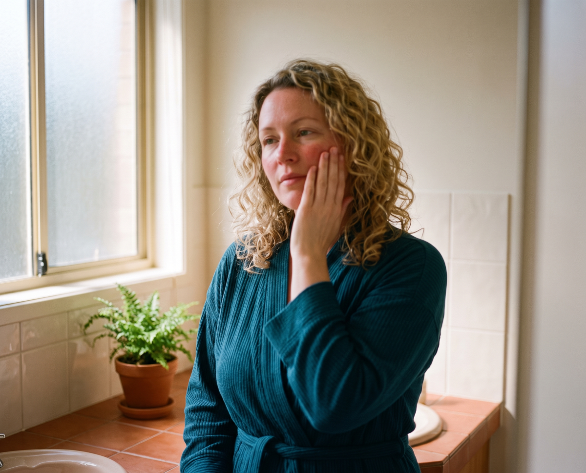 Woman in robe touching cheek in sunlit bathroom